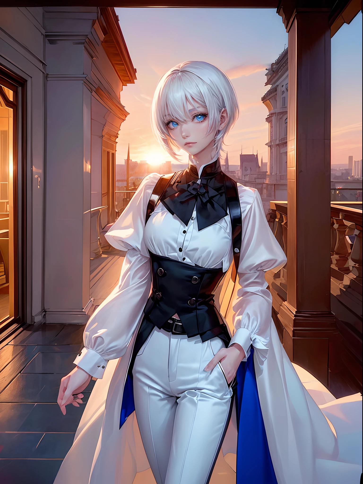 ((4K works))、​masterpiece、(top-quality)、One Beautiful Girl、Slim body、tall、((Black Y-shirt and white pants、Charming street style))、(Detailed beautiful eyes)、Stylish English balcony、Castles inhabited by nobles、Black shop window、Balcony in the evening、((rays of sunshine))、((Shot on a stylish veranda))、the setting sun、((Face similar to Carly Rae Jepsen))、((Short-haired white hair))、((Smaller face))、((Neutral face))、((Bright blue eyes))、((American adult women))、((Adult female 26 years old))、((cool lady))、((Like a celebrity))、((Wild look))、((Korean Makeup))、((elongated and sharp eyes))、((Happy dating))、((boyish))、((Upper body photography))、Professional Photos、((Shot alone))、((shot from back))、((Shot in close proximity to her))、((Focus zoom in))、((She is watching the sunset))、((She standing on the balcony))