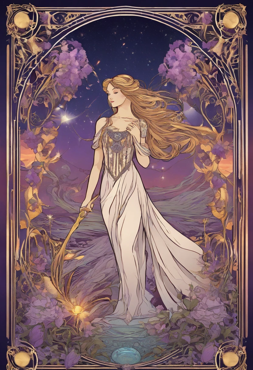 ((Best quality)) , ((Masterpiece)) , (Detailed) ，(Tarot card illustration:1.3),Room Wear, Gorgeous digital artwork, Ethereal magical atmosphere, (American beauty:1.3), Lavender shades, quantum wavetracing, 超高分辨率, 8K resolution