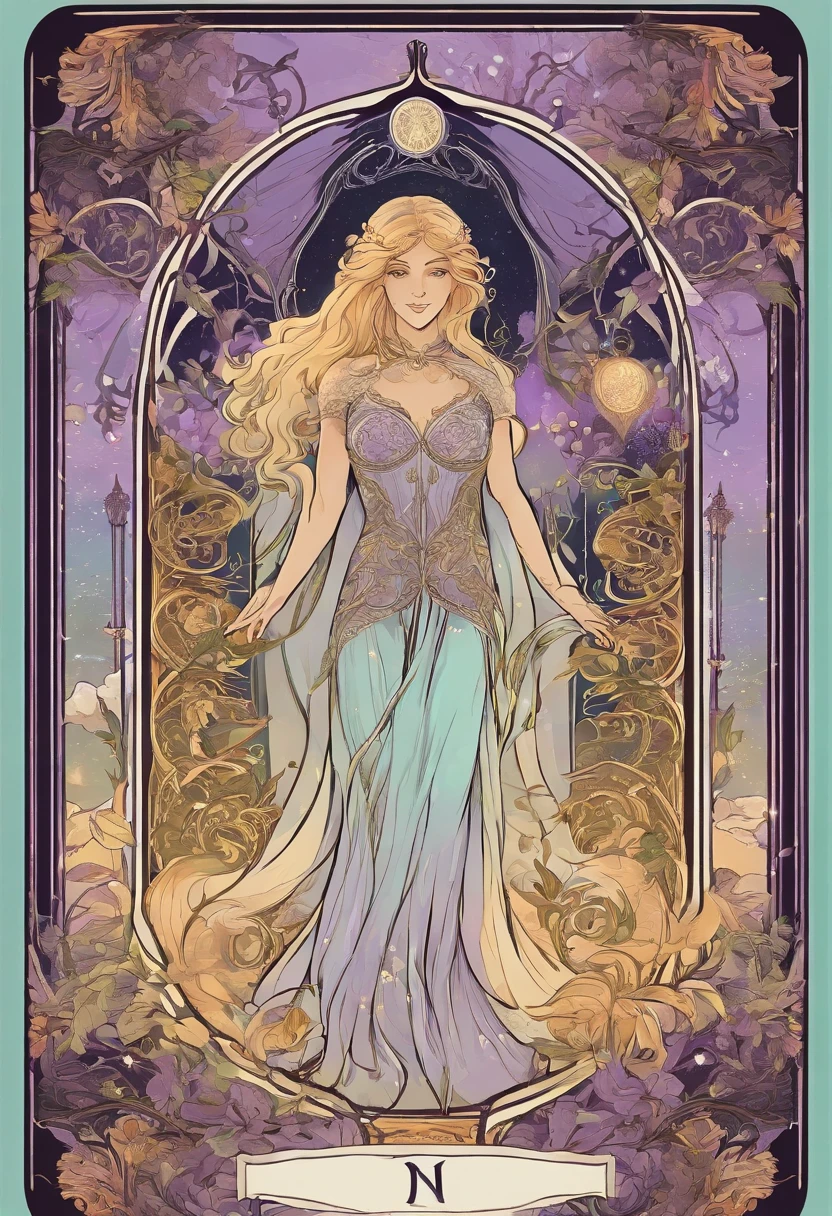 ((Best quality)) , ((Masterpiece)) , (Detailed) ,(Tarot card illustration:1.3),Room Wear, Gorgeous digital artwork, Ethereal magical atmosphere, (American beauty:1.3), Lavender shades, quantum wavetracing, 超高分辨率, 8K resolution