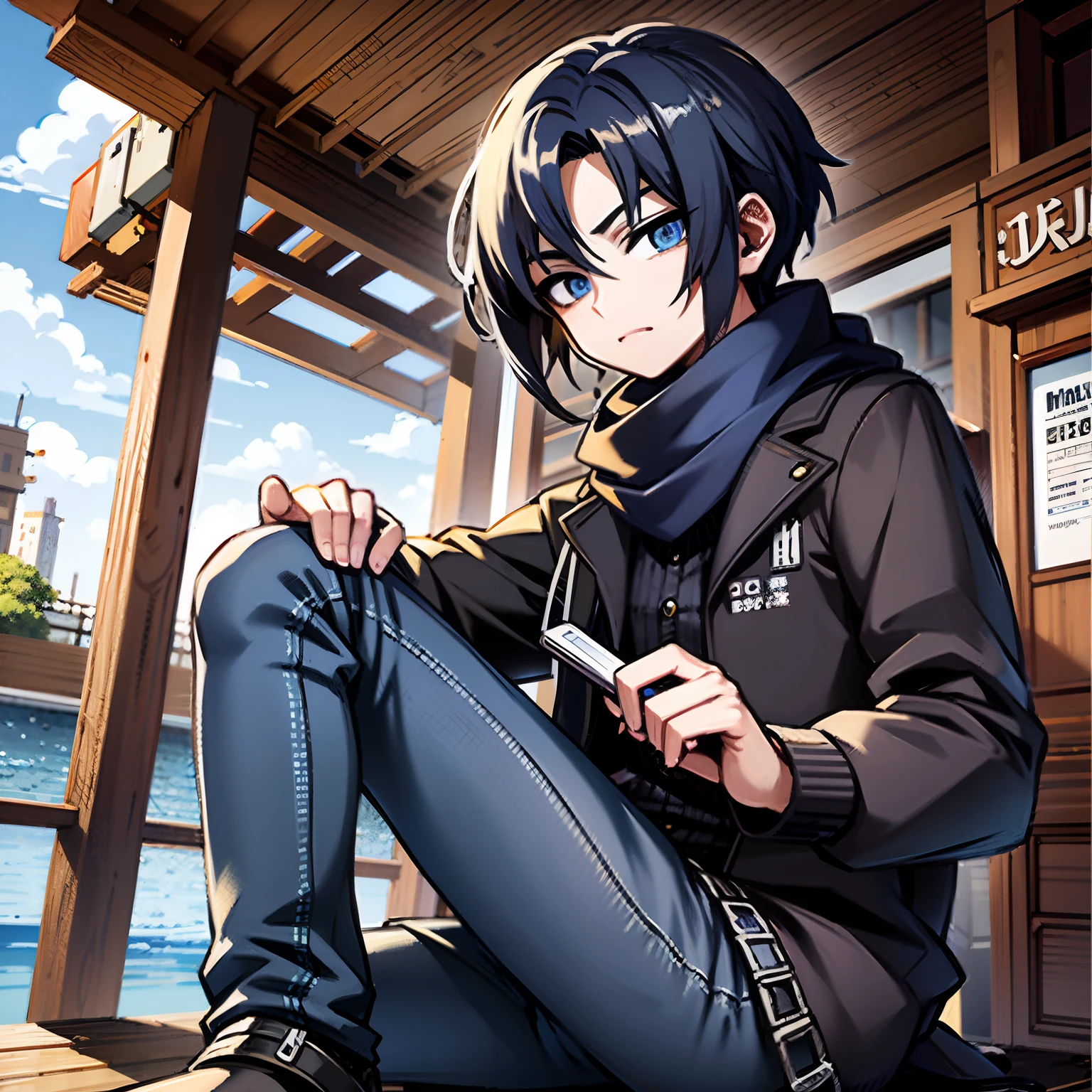 anime sentado na doca olhando para o telefone celular com navio no fundo, jovem homem de anime, pose de anime bonito, anime moe artstyle, homem bonito anime, Retrato anime de um homem bonito, estilo anime 4K, arte anime de alta qualidade, Digital anime illustration, estilo anime masculino, personagem de anime masculino, 2 d estilo anime, menino, cara de anime alto com olhos azuis