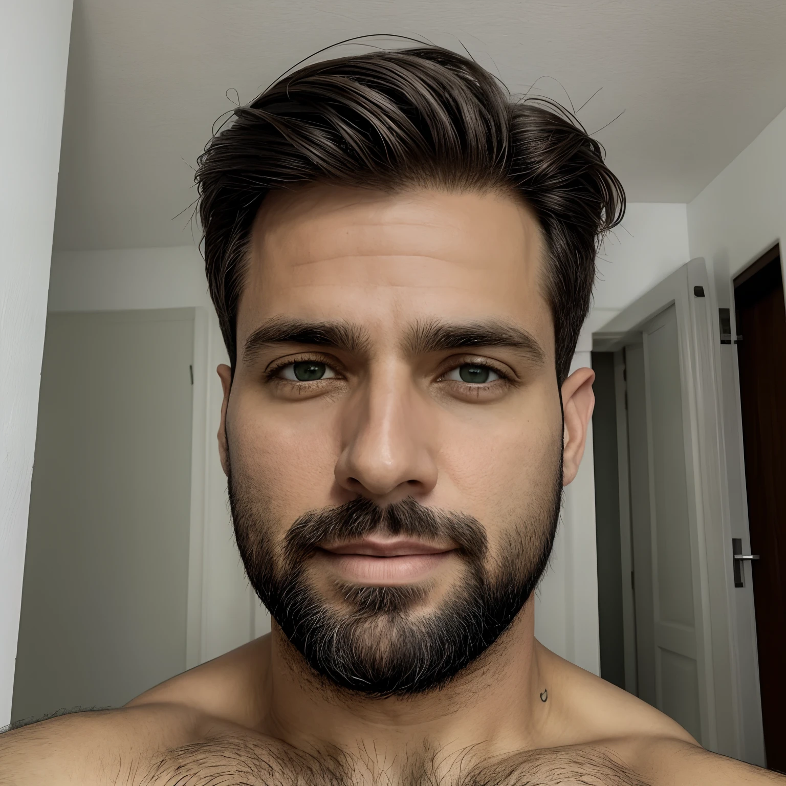 Selfie de um homem de 38 anos atraente, branco, barba, olhos verdes
