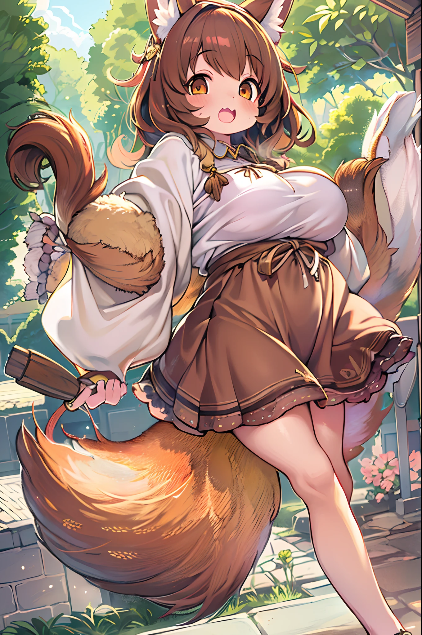 of the highest quality, 1girl in, (Skin Hollow), (large full breasts), (day), Bright, Background blur, Outdoors, (Street:0.6), (hair:1.5), (Blouse:1.5), Gorgeous, (Hair float:1.5), Soft light, Wind, garden, Street,Fox, (Monster Girl), long brown ears with a dark brown inside,,,,,, brown fur, Sunburned neck fluff, brown fluffy tail with a yellow-brown tip,,,,,, Big brown eyes, wearing modest clothing, masutepiece, Best Quality、Nanachi、Chibi、huge-breasted、bbw、Ultramammy、Doing laundry、Drum type washing machine