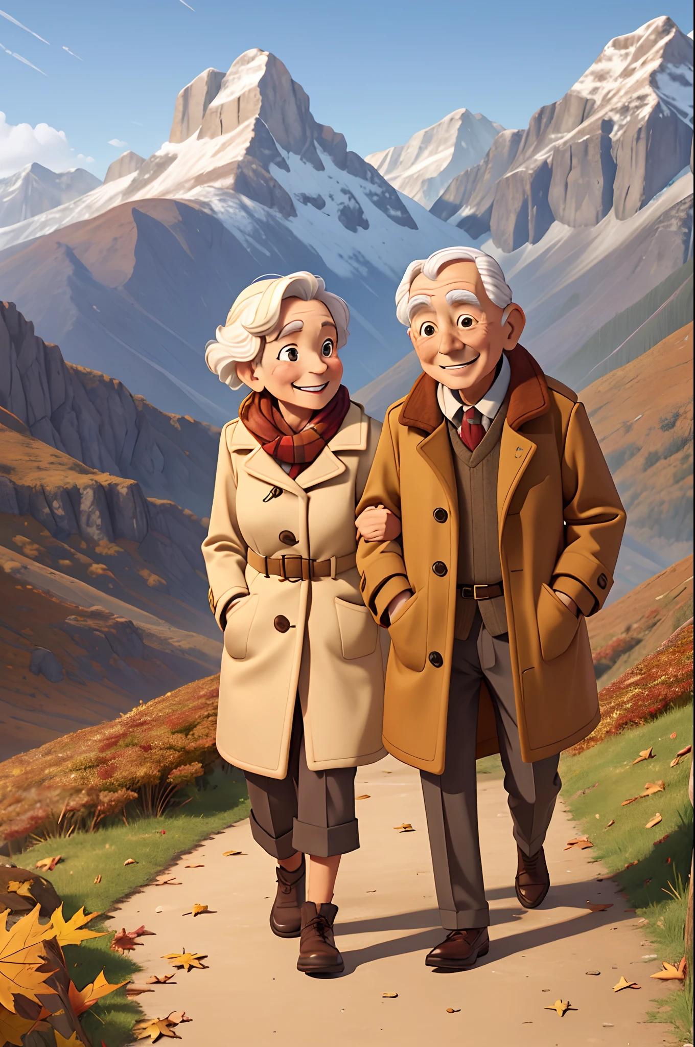 Autumn Fallen leaves golden A elderly couple wearing a coat walking in the mountains with a smile on their faces