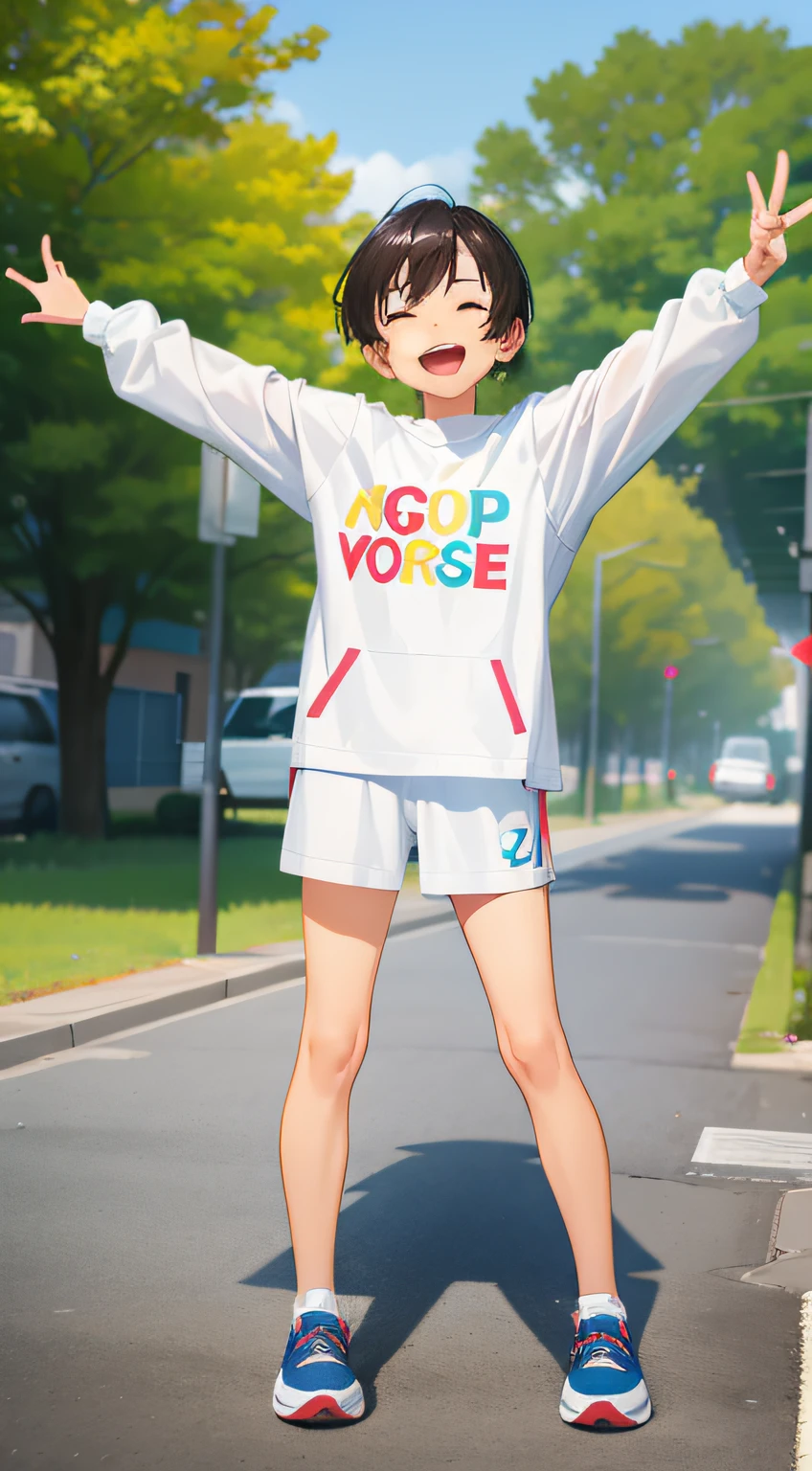 A in sneakers laughs confidently,Full body photo,outside