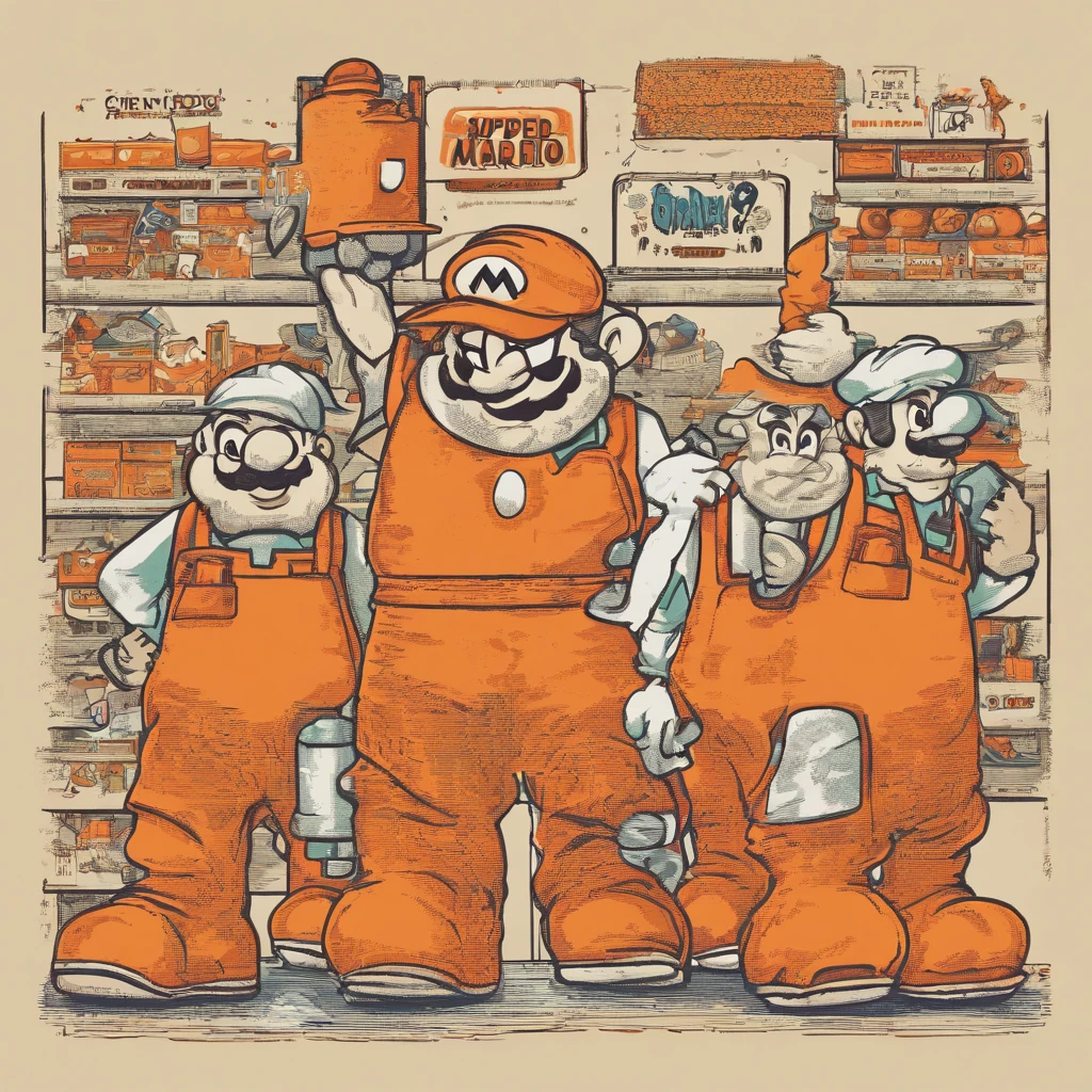 mario, wearing an orange apron with a white logo on the apron, orange apron has a white square with the letter H in it, orange overalls instead of mario's bluejeans. Red mario hat replaced with Orange Mario hat, Mario is holding a drill, a red Milwaukee drill is in his right hand, (mario:1.1), (orange_apron:1.1), (((Super Mario Wearing An Orange Apron))), supermario, 1boy, standing in the Lumber Isle, in the art style of Tatsuki Fujimoto,