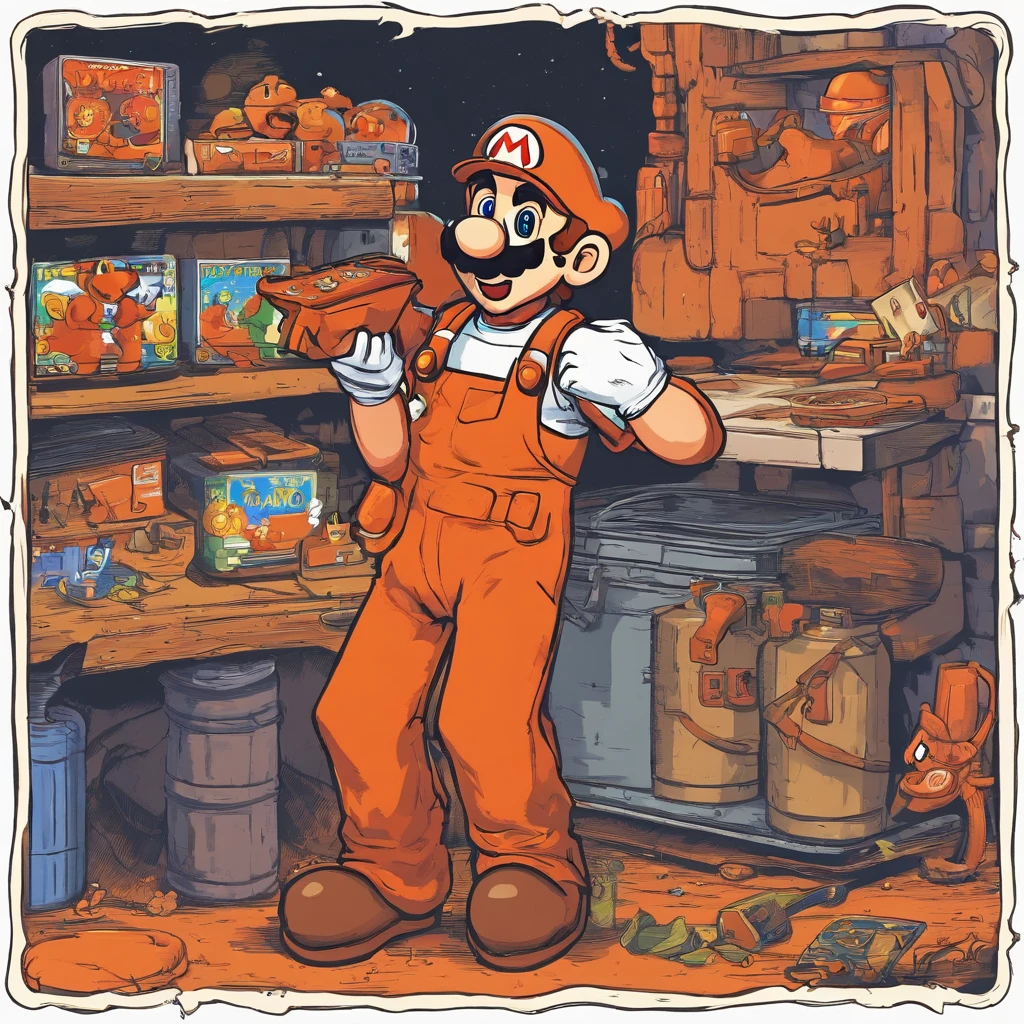 mario, wearing an orange apron with a white logo on the apron, orange apron has a white square with the letter H in it, orange overalls instead of mario's bluejeans. Red mario hat replaced with Orange Mario hat, Mario is holding a drill, a red Milwaukee drill is in his right hand, (mario:1.1), (orange_apron:1.1), (((Super Mario Wearing An Orange Apron))), supermario, 1boy, standing in the Lumber Isle, in the art style of Tatsuki Fujimoto,
