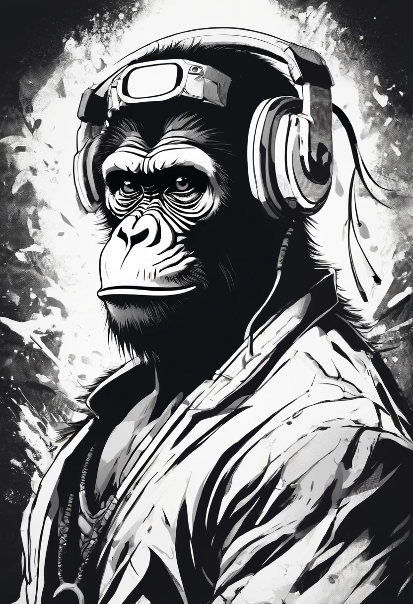 Monkey wearing headphone, sunglasses,black and white only