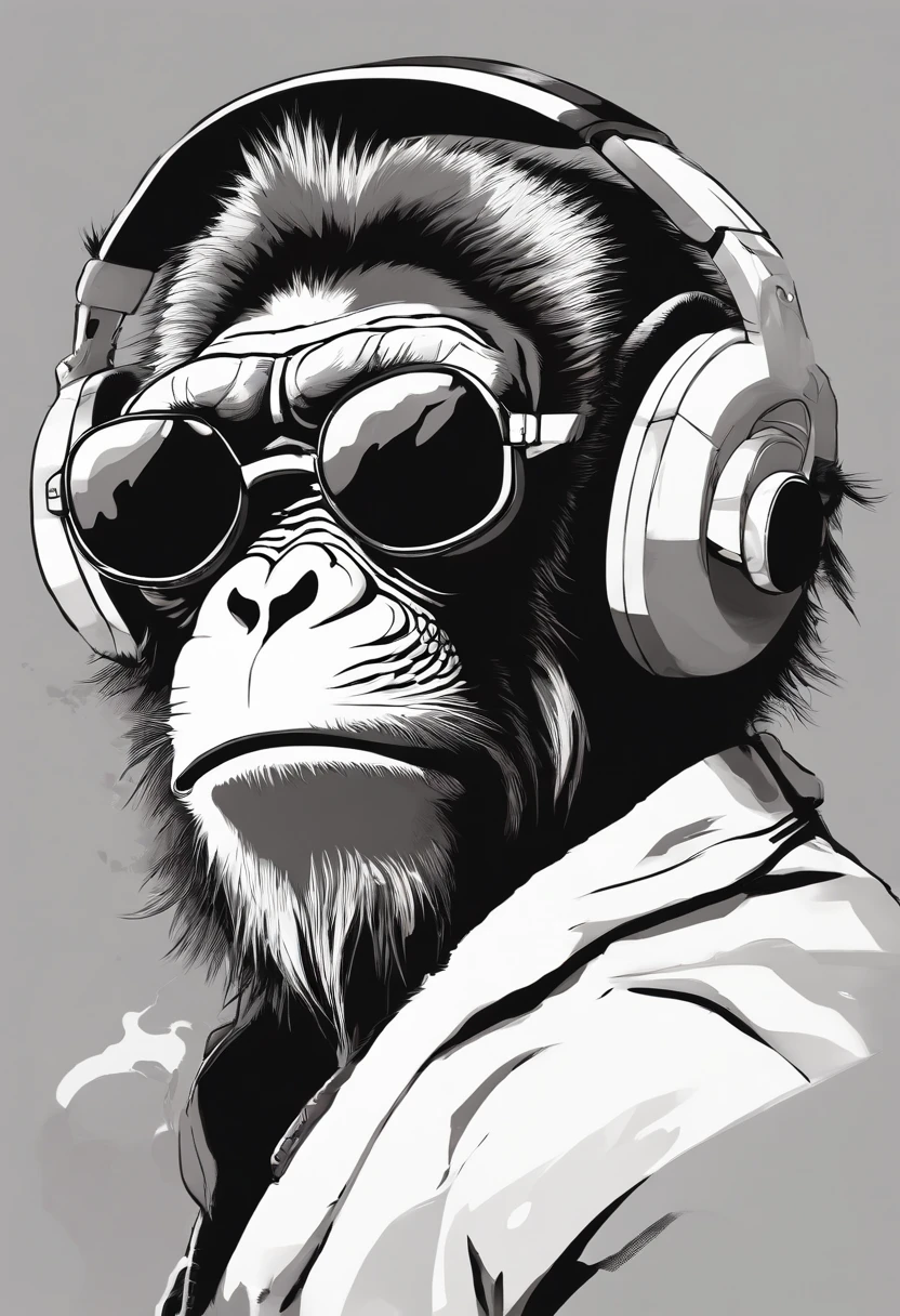 Monkey wearing headphone, sunglasses,black and white only