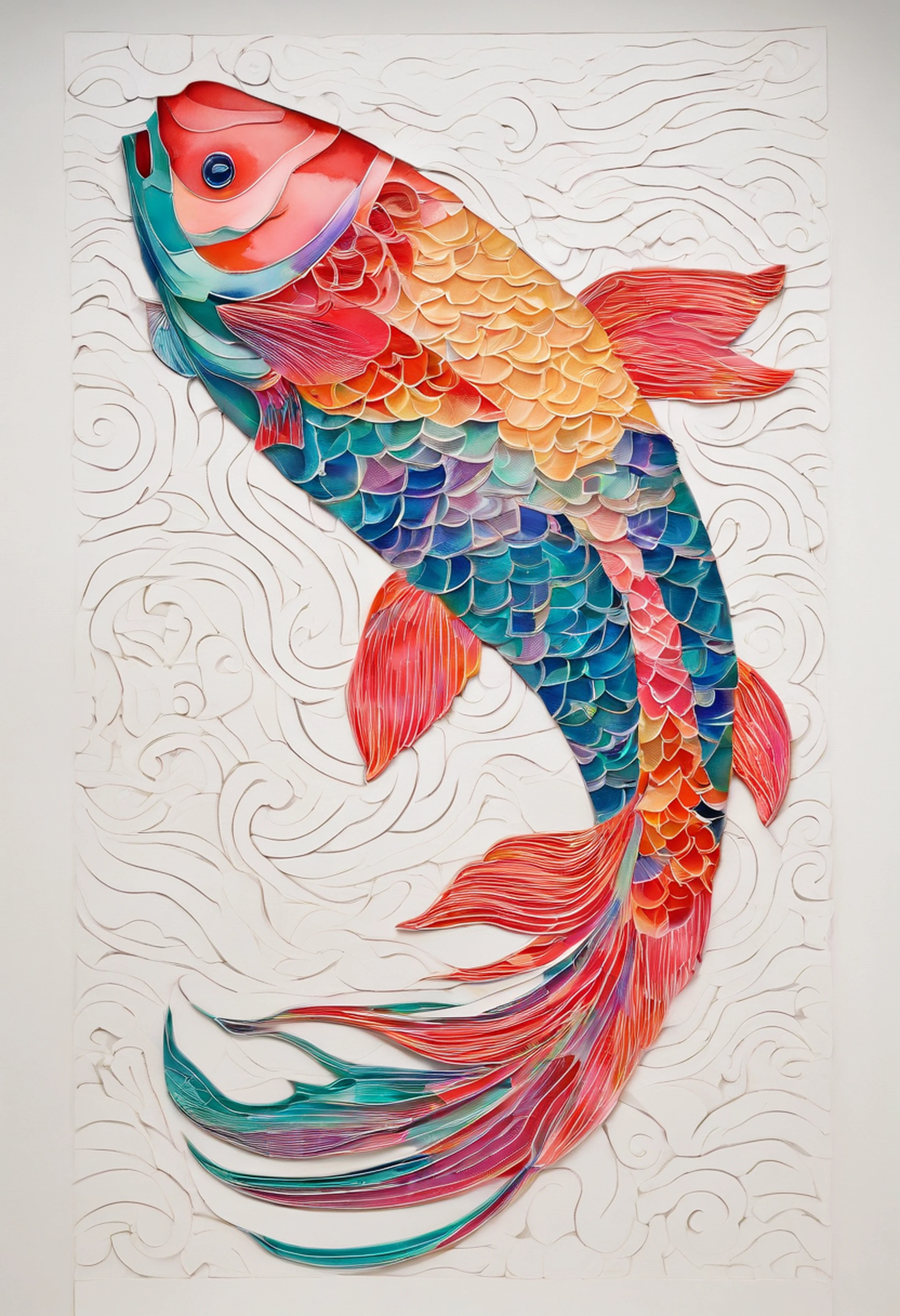 （Silhouette of a koi,Colorful camellias)，White background，(paper art, Quilted paper art:1.2, geomerty:1.1, zentangle,a 3D render), (Extremely colorful, Best quality, high detal, Masterpiece, Cinematic lighting, 4K)（Colorful carp)，White background，(paper art, Quilted paper art:1.2, geomerty:1.1, zentangle,a 3D render), (Extremely colorful, Best quality, high detal, Masterpiece, Cinematic lighting, 4K) hand-drawn effect