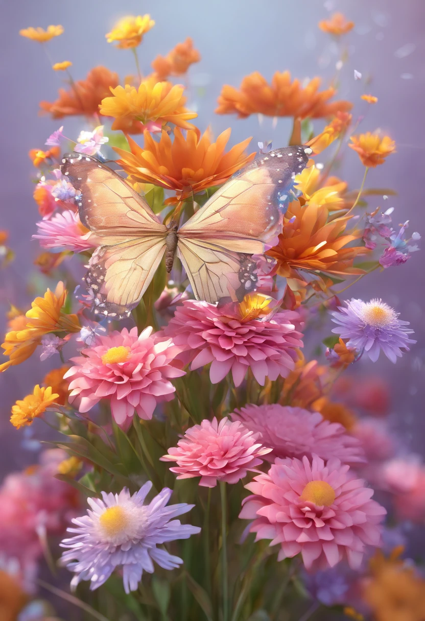 a butterfly, field flowers bouquet, dewdrops on the flowers