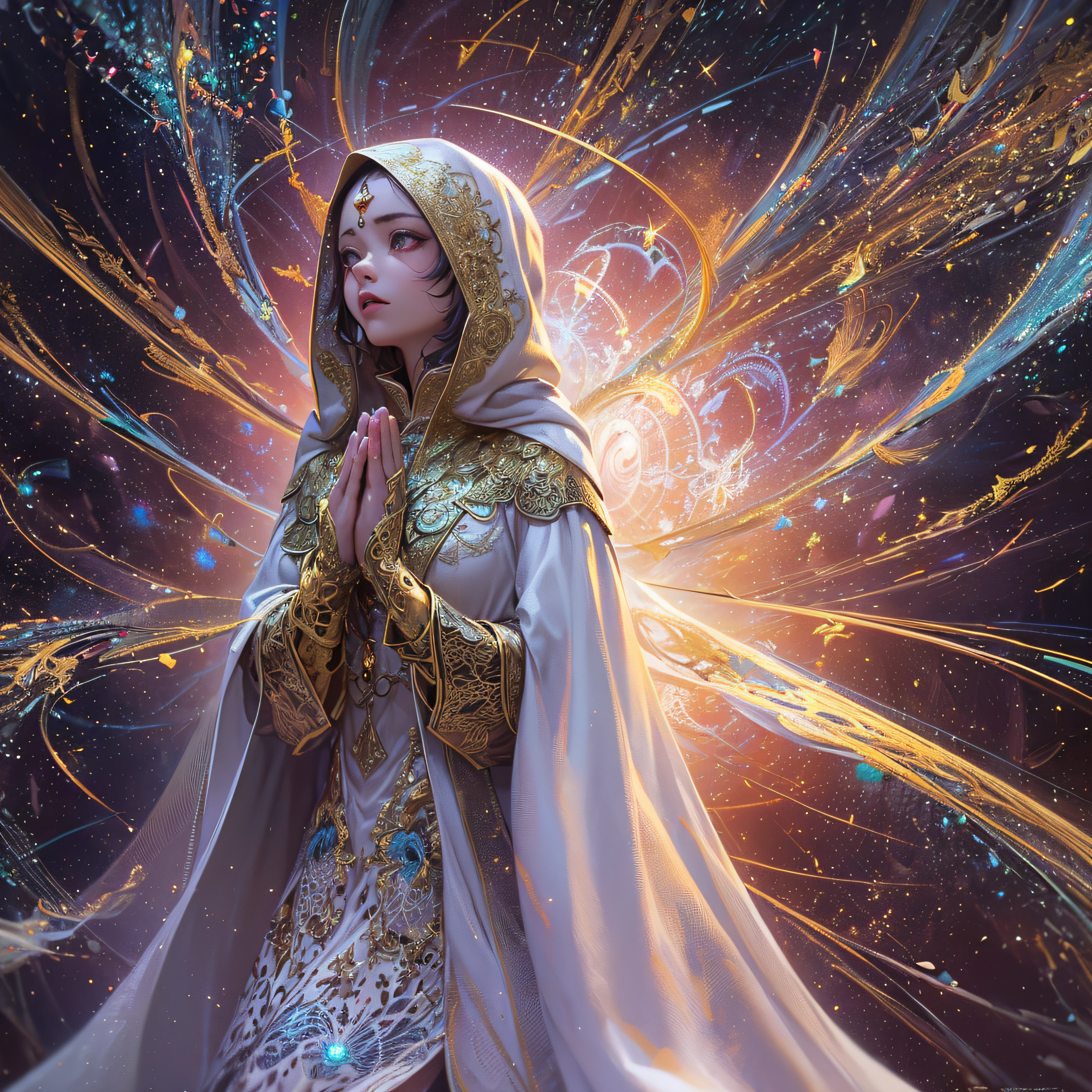 (masterpiece, top quality, best quality, official art, beautiful and aesthetic:1.2), (1girl), extreme detailed, (fractal art:1.3), colorful, highest detailed, perfect face, upper body, HDR, (praying:1.3), (white cloak golden lines:1.2), galaxy, (light streaks), striking visuals, (dynamic streaks, luminous trails:1.2), vibrant colors,