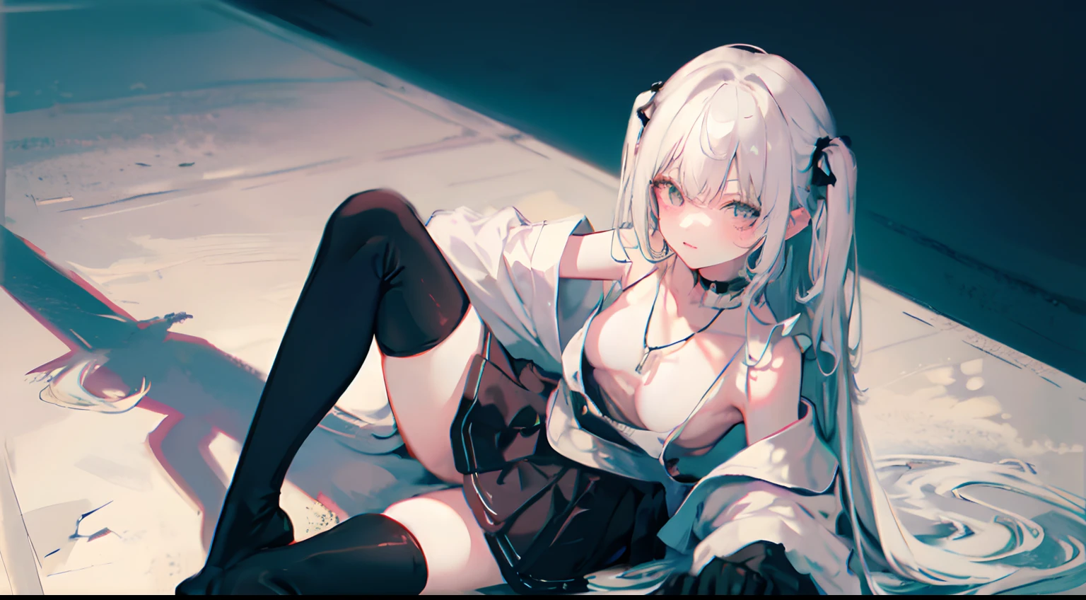 Wearing a black miniskirt long boots Wearing white underwear shoulder straps spotless a necklace gals A sexy crouching down