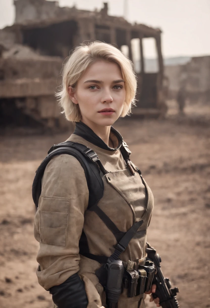 Russian girl 16 years old ,Blonde Dirty Short Hair, dusty face, Dressed in the armor of the future, Against the backdrop of a desolate post-apocalypse, AR-16 rifle in hand, the wind, dust, Destroyed buildings, Skeletons of burnt cars, Oppressive atmosphere, Dirty skies, photo realism, Sharp focus, Human bones are scattered on the dusty ground, Lonely bushes,Fallout,Photo 3/4,Realistic Facial Skin, Dust on clothes,