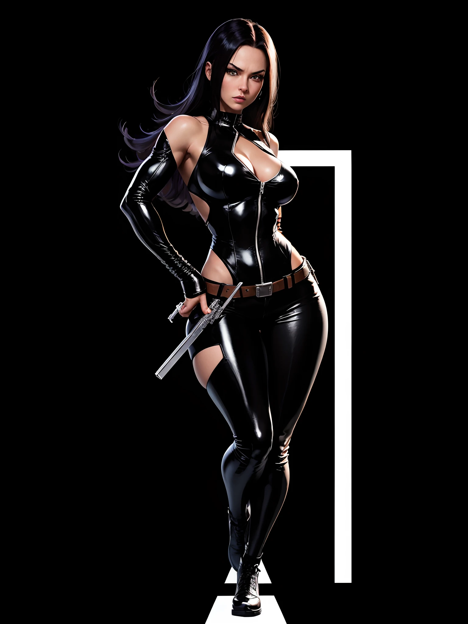woman, 20 years old, domino (Neena Thurman) character from Marvel Comics. best known as a member of the mutant team X-Force. Created by writer Fabian Nicieza and artist/co-writer Rob Liefeld, with a round patch around his left eye like a mask on just one eye, x-men style leather jacket and tight pants. As a result of her mutations, she also has white skin, is always carried with an arsenal that includes several pistols, blades and machine guns, and sometimes uses a baton that fires ammunition, is equipped with sensors and serves as a base for balance, Jump. and scams. In addition to her exceptional aiming and fighting skills, Domino has mutant probability-altering powers. In New York, time square, (athletic body: 1.4), (tight leather jacket and pants: 1.4), (hanging breasts: 1.3), (full breasts: 1.4), (Spot on one eye: 1.3), (realism: 1.5), (Realisitc: 1.4), (Absurdity: 1.4), 8k, ultra detailed, Detailed beautiful woman, (Only one: 1.5), 1 girl, (Viewer facing: 1.2),