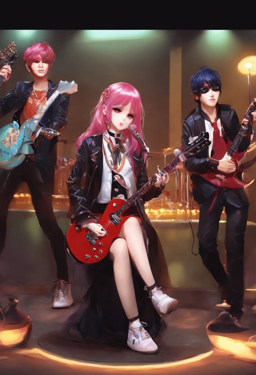 kawaii girl、４Person、4men、rock band、Playing the guitar、