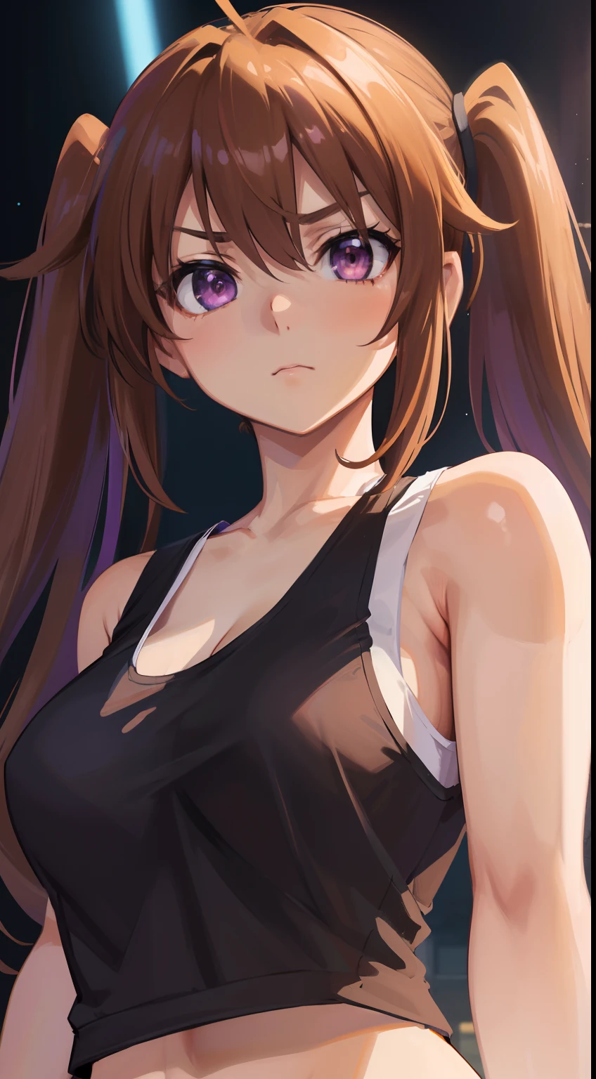 (best quality, master-piece:1.2), long brown hair, purple eyes, (ultra-detailed eyes), twintails, beautiful, Shidou Irina, medium breasts, standing, ((upper body)), (((tank top))), ((close-up)), perfect anatomy, (sleeveless), (healthy skin), cinematic lighting, detailed face, expressive face.