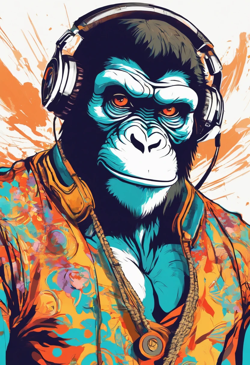 Monkey wearing headphone, sunglasses,line art
