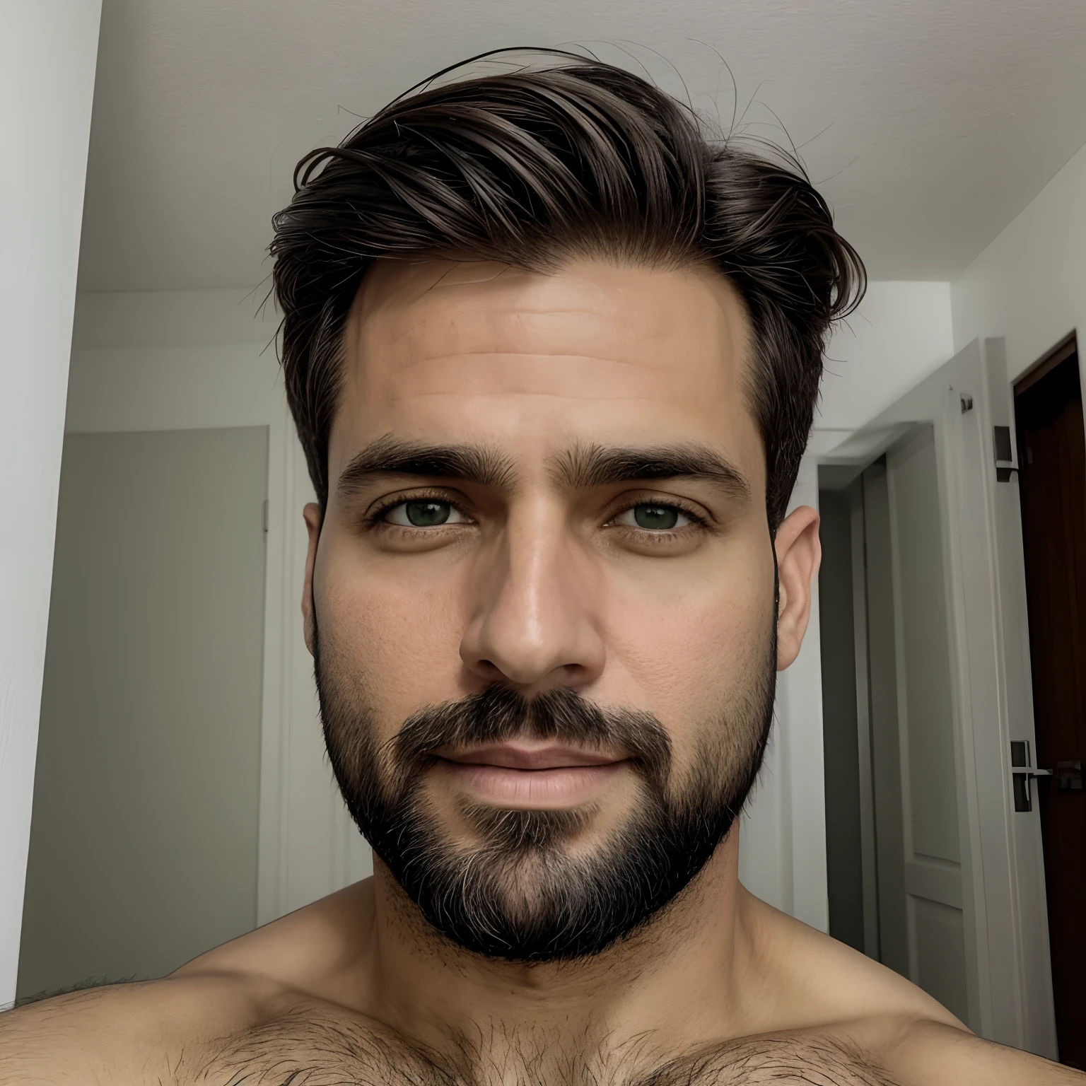 Selfie de um homem de 38 anos atraente, branco, barba grisalha ,olhos verdes