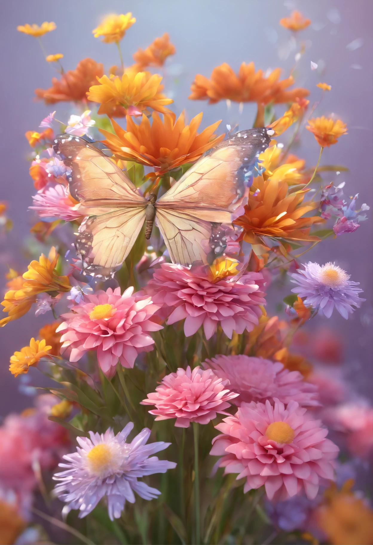 a butterfly, field flowers bouquet, dewdrops on the flowers