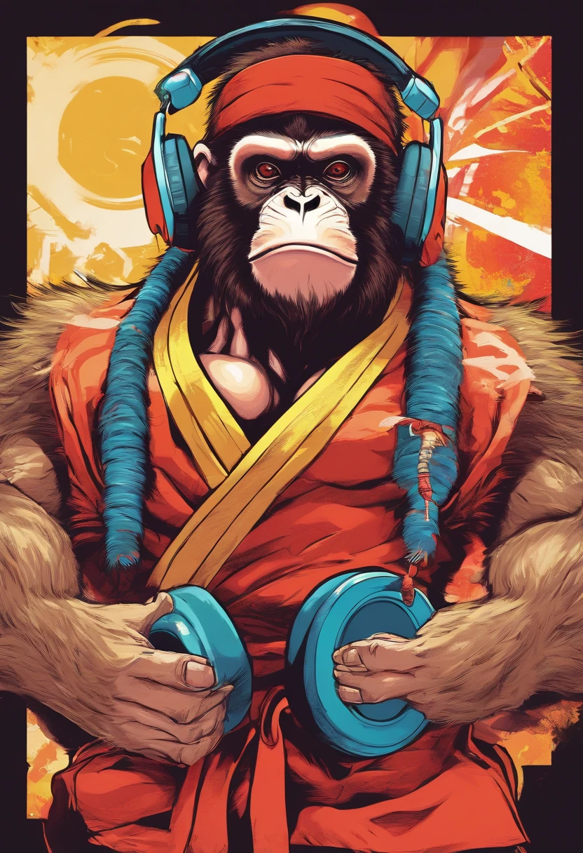 Monkey wearing headphone, sunglasses,less details