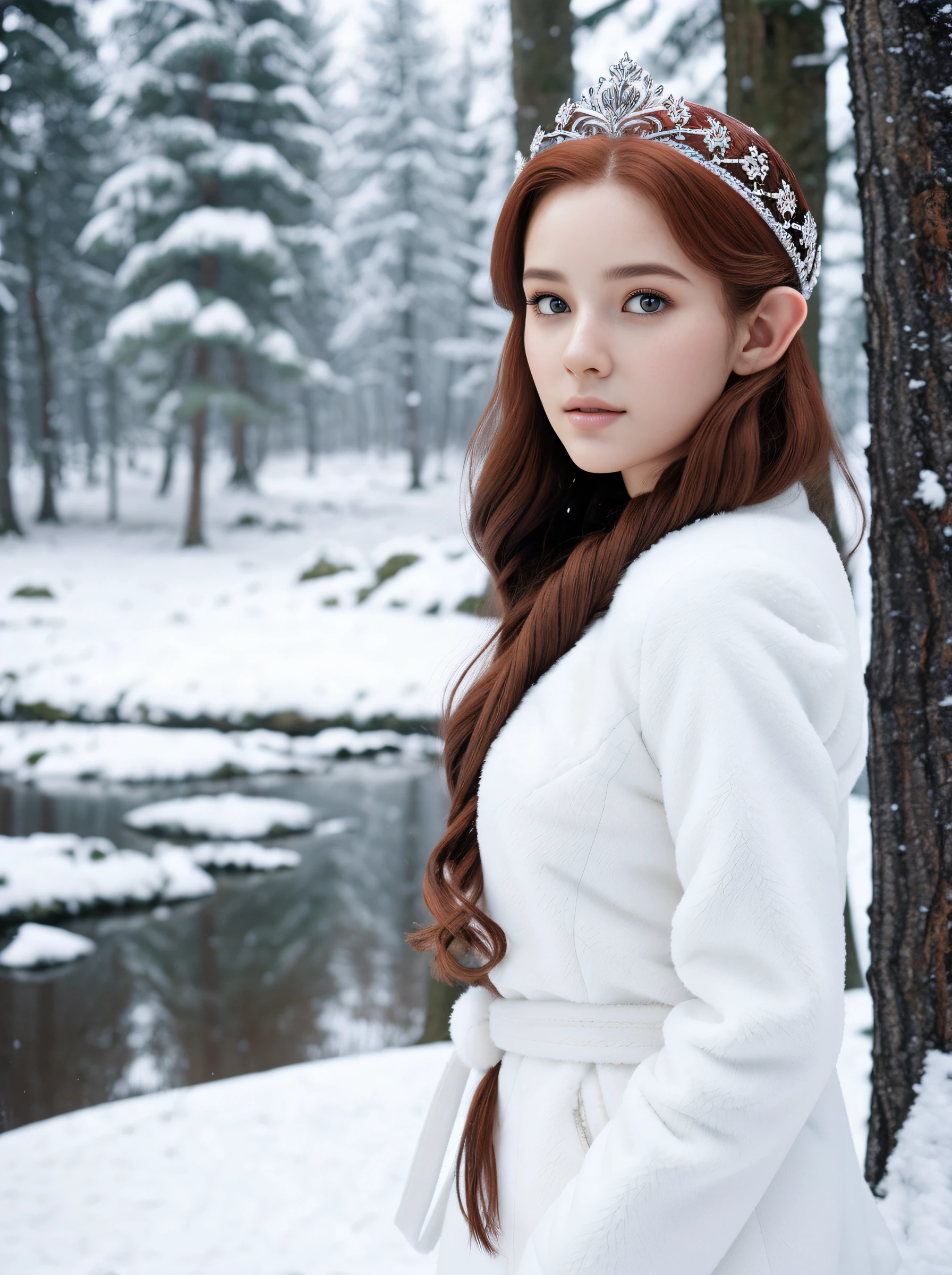 Snowy day, Half-body shot , Side shot, A 25-year-old elf, long wavy red hair, flower tiara, sultry flirtatious look, Body jewelry, little chest, The Goddess of Winter, White fluffy fur coat, in RAW format, 8K, Top Quality, Masterpiece, (See the camera: 1.3), photo, (Beautiful), Winter forest background during snowfall.