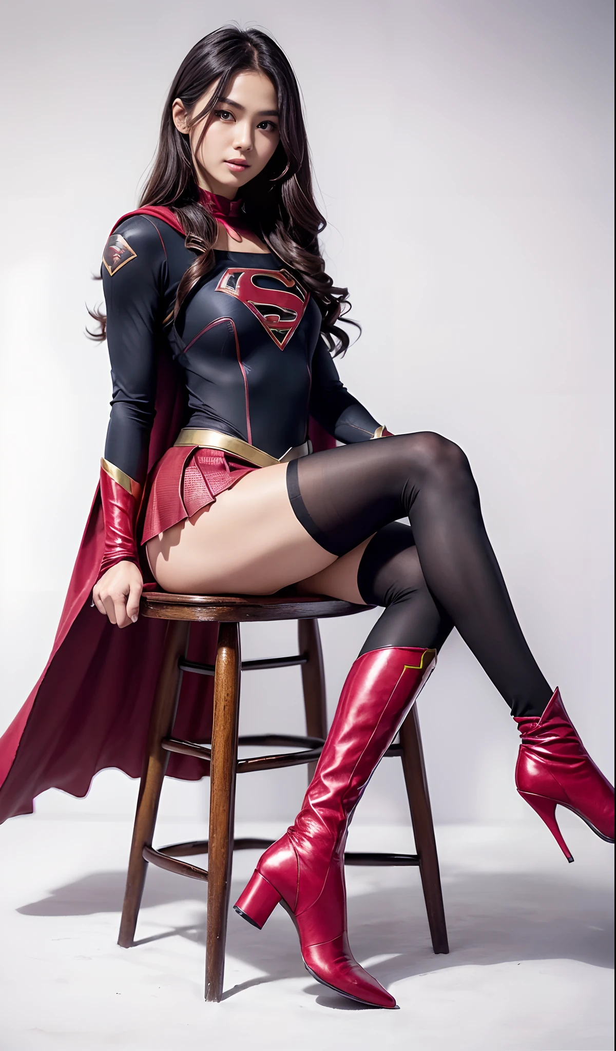 (((Wear black tights on your beautiful legs.)))、(((Grow legs、tall、beauty legs)))、(((facial expression of smile)))、((((Make the most of the original image)))、(((Supergirl Costume)))、(((beautiful hairl)))、(((Suffering)))、(((Feet must necessarily be worn with black tights)))、(((You need to wear red boots)))、((Top image quality、8K))、((top-quality、8K、masterpiece:1.3))、(((Keep your background simple)))、Crisp focus:1.2、Beautiful woman with perfect body shape:1.4、Slender Abs:1.2、Highly detailed facial and skin texture、8K、Asian Beautiful Girl