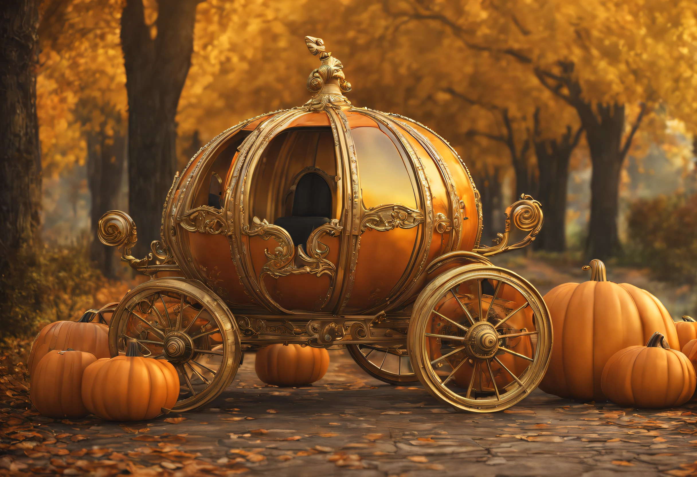 (best quality, 4k, 8k, high resolution, masterpiece: 1.2), ultra detailed, (realistic, photorealistic, photorealistic: 1.37), Cinderella's spectacular magic carriage, shaped like a pumpkin, made of gold glass, cinematic lighting, large camera with format photography. , photo realism, DSLR, 8k uhd, hdr, ultra detailed, high quality, high contrast