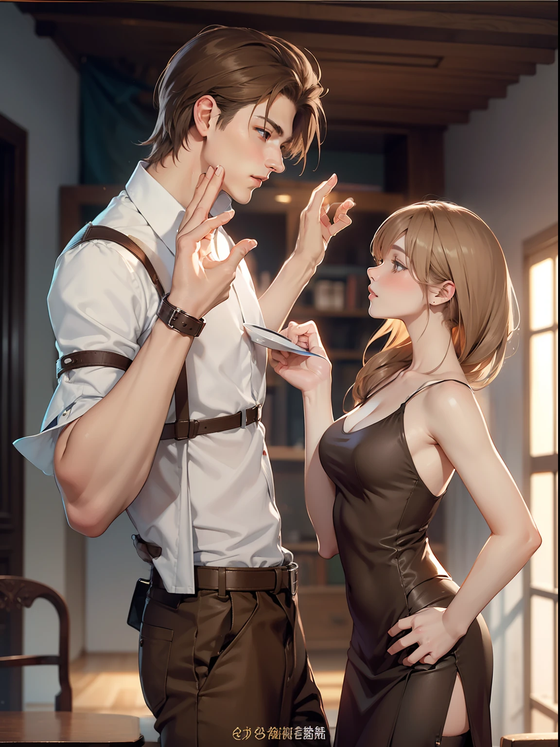 top-quality　​masterpiece　Male and female couples　Girl sitting on a chair wearing a tight skirt over a blouse。Boys hugging each other from behind, the woman's hair is light brown, high detailed