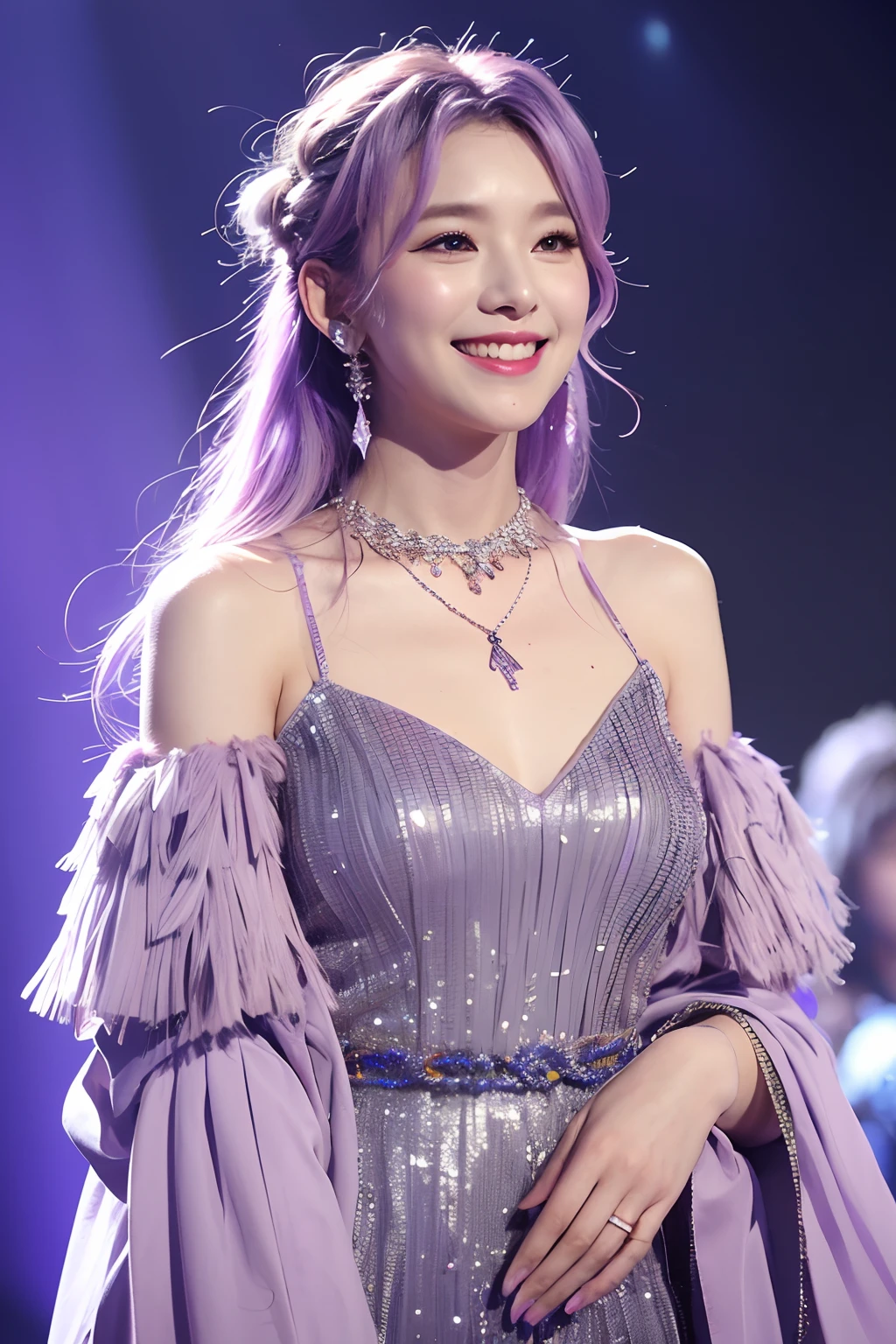 (extra detailed body、extra detailed face、best qualtiy:1.2)、femele、looking at the viewers、((Silver, light blue and blue gradient hair color、Wacky dress for a fashion show with a jellyfish motif、Fancy makeup、accessorized)、(Jellyfish tank in the background)
