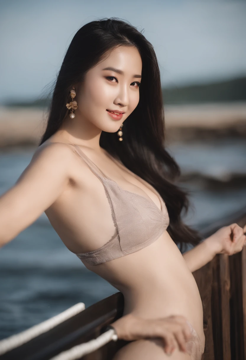 Asian girl,a picture,beachside,with a good figure,Large breasts,big assa,black lence stockings,Delicatemakeup,Long straight black hair,Friendly smile,long and flowing hair,Relaxed,Realiy,detail in face,relaxed,vacation,swim wears,