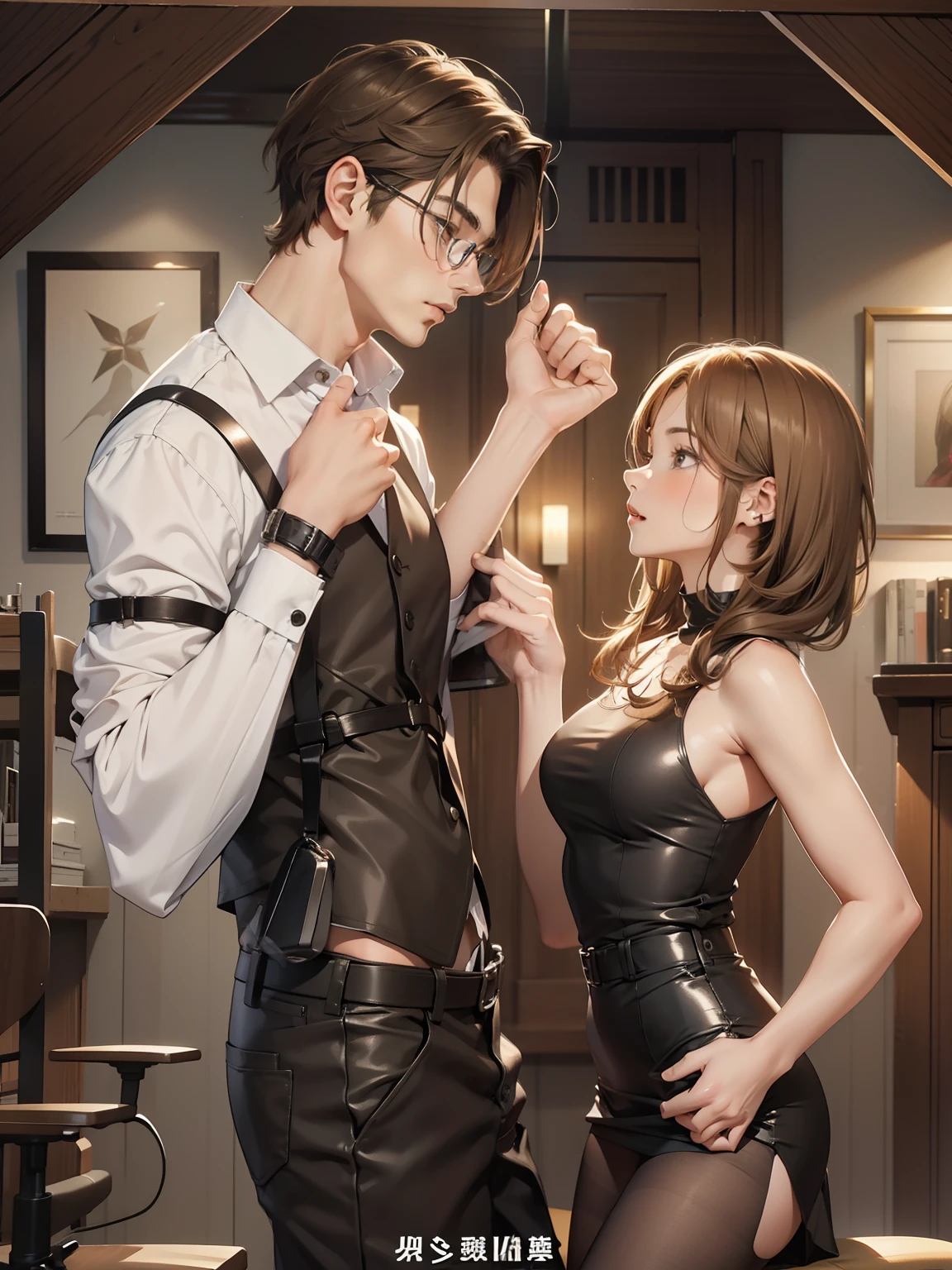top-quality masterpiece Male and female couples Girl sitting on a chair wearing a tight skirt over a blouse。Boys hugging each other from behind, the woman's hair is light brown, high detailed