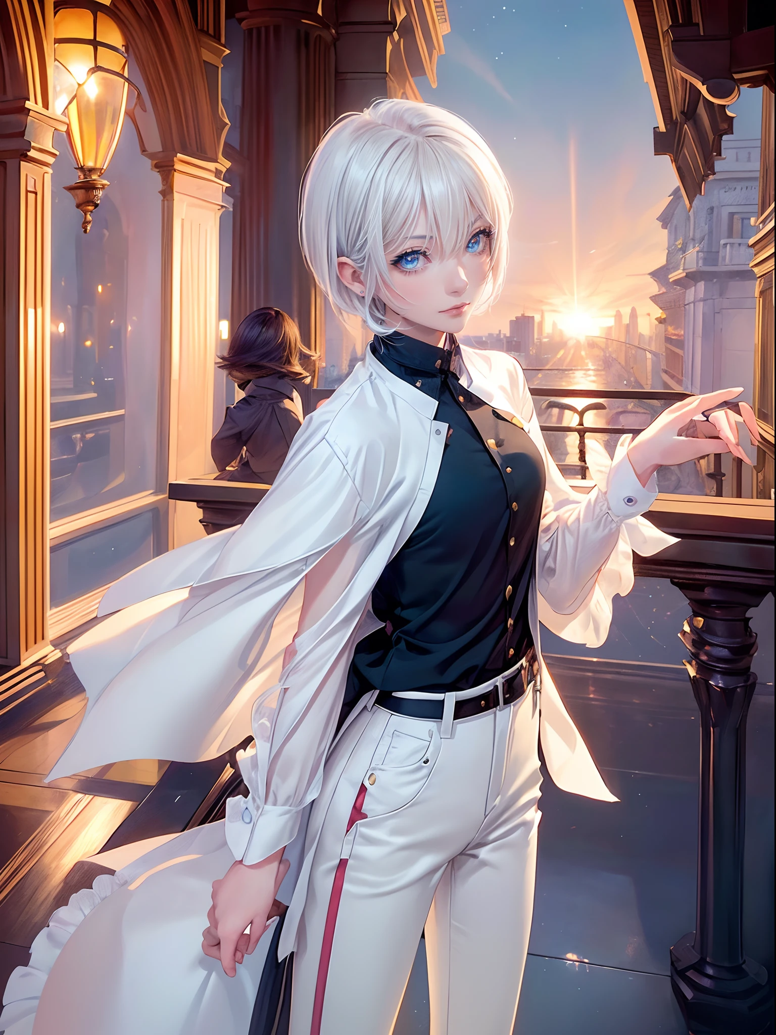 ((4K works))、​masterpiece、(top-quality)、One Beautiful Girl、Slim body、tall、((Black Y-shirt and white pants、Charming street style))、(Detailed beautiful eyes)、Stylish English balcony、Castles inhabited by nobles、Black shop window、Balcony at night、((Starry sky in the background))、((Stylish cityscape))、((Shot on a stylish veranda))、mid night、((Face similar to Carly Rae Jepsen))、((Short-haired white hair))、((Smaller face))、((Neutral face))、((Bright blue eyes))、((American adult women))、((Adult female 26 years old))、((cool lady))、((Like a celebrity))、((Wild look))、((Korean Makeup))、((elongated and sharp eyes))、((Happy dating))、((boyish))、((Upper body photography))、Professional Photos、((Shot alone))、((shot from back))、((Shot in close proximity to her))、((Focus zoom in))、((She is watching the sunset))、((She standing on the balcony))