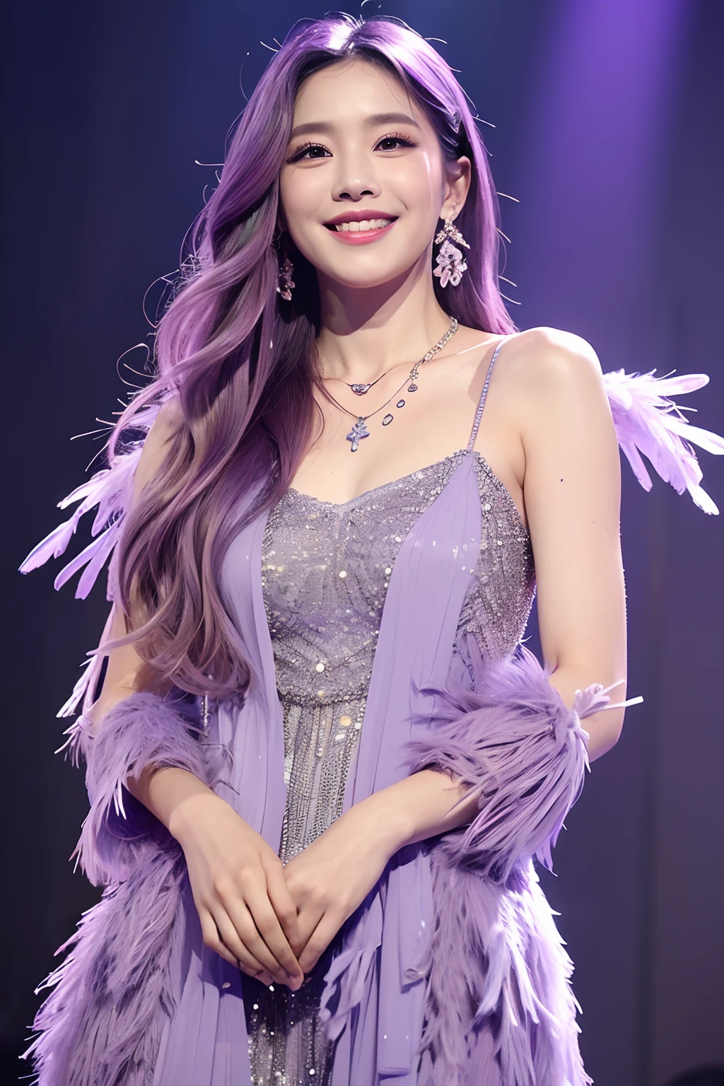 (extra detailed body、extra detailed face、best qualtiy:1.2)、femele、looking at the viewers、(Lavender ash hair color、a smile、Earrings of bird feathers up to the shoulders、a necklace、Purple and red and blue fancy clothes)、(Live performance venue)