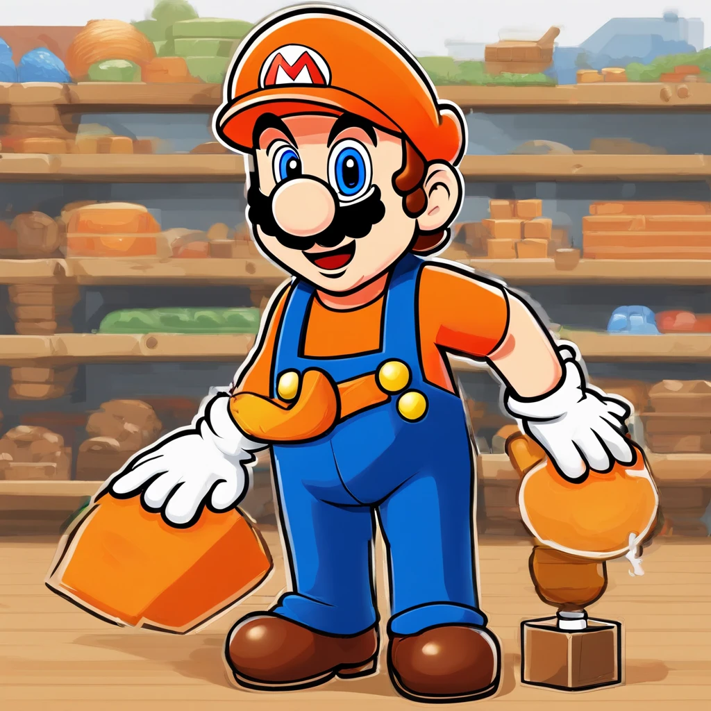 mario, wearing an orange apron with a white logo on the apron, orange apron has a white square with the letter H in it, orange overalls instead of mario's bluejeans. Red mario hat replaced with Orange Mario hat, Mario is holding a drill, a red Milwaukee drill is in his right hand, (mario:1.1), (orange_apron:1.1), (((Super Mario Wearing An Orange Apron))), supermario, 1boy, standing in the Lumber Isle, in the art style of Tatsuki Fujimoto, (((Home Depot:1.1)))