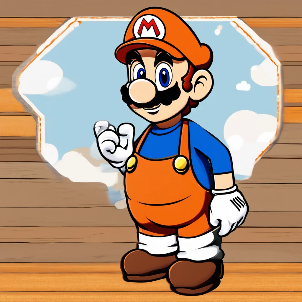 mario, wearing an orange apron with a white logo on the apron, orange apron has a white square with the letter H in it, orange overalls instead of mario's bluejeans. Red mario hat replaced with Orange Mario hat, Mario is holding a drill, a red Milwaukee drill is in his right hand, (mario:1.1), (orange_apron:1.1), (((Super Mario Wearing An Orange Apron))), supermario, 1boy, standing in the Lumber Isle, in the art style of Tatsuki Fujimoto, (((Home Depot:1.1)))