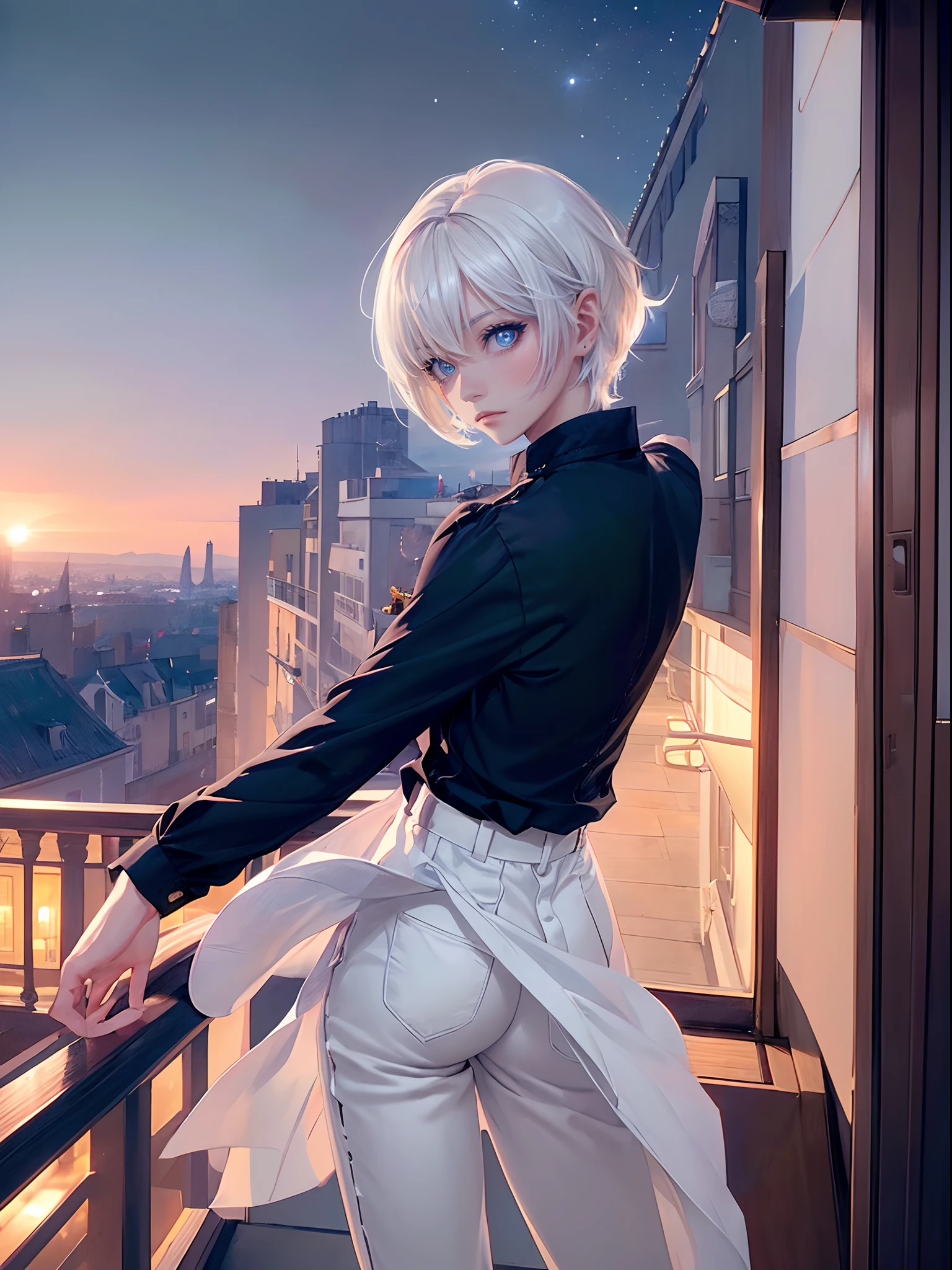 ((4K works))、​masterpiece、(top-quality)、One Beautiful Girl、Slim body、tall、((Black Y-shirt and white pants、Charming street style))、(Detailed beautiful eyes)、Stylish English balcony、Castles inhabited by nobles、Black shop window、Balcony at night、((Starry sky in the background))、((Stylish cityscape))、((Shot on a stylish veranda))、mid night、((Face similar to Carly Rae Jepsen))、((Short-haired white hair))、((Smaller face))、((Neutral face))、((Bright blue eyes))、((American adult women))、((Adult female 26 years old))、((cool lady))、((Like a celebrity))、((Wild look))、((Korean Makeup))、((elongated and sharp eyes))、((Happy dating))、((boyish))、((Upper body photography))、Professional Photos、((Shot alone))、((shot from back))、((Shot in close proximity to her))、((Focus zoom in))、((She is watching the sunset))、((She standing on the balcony))