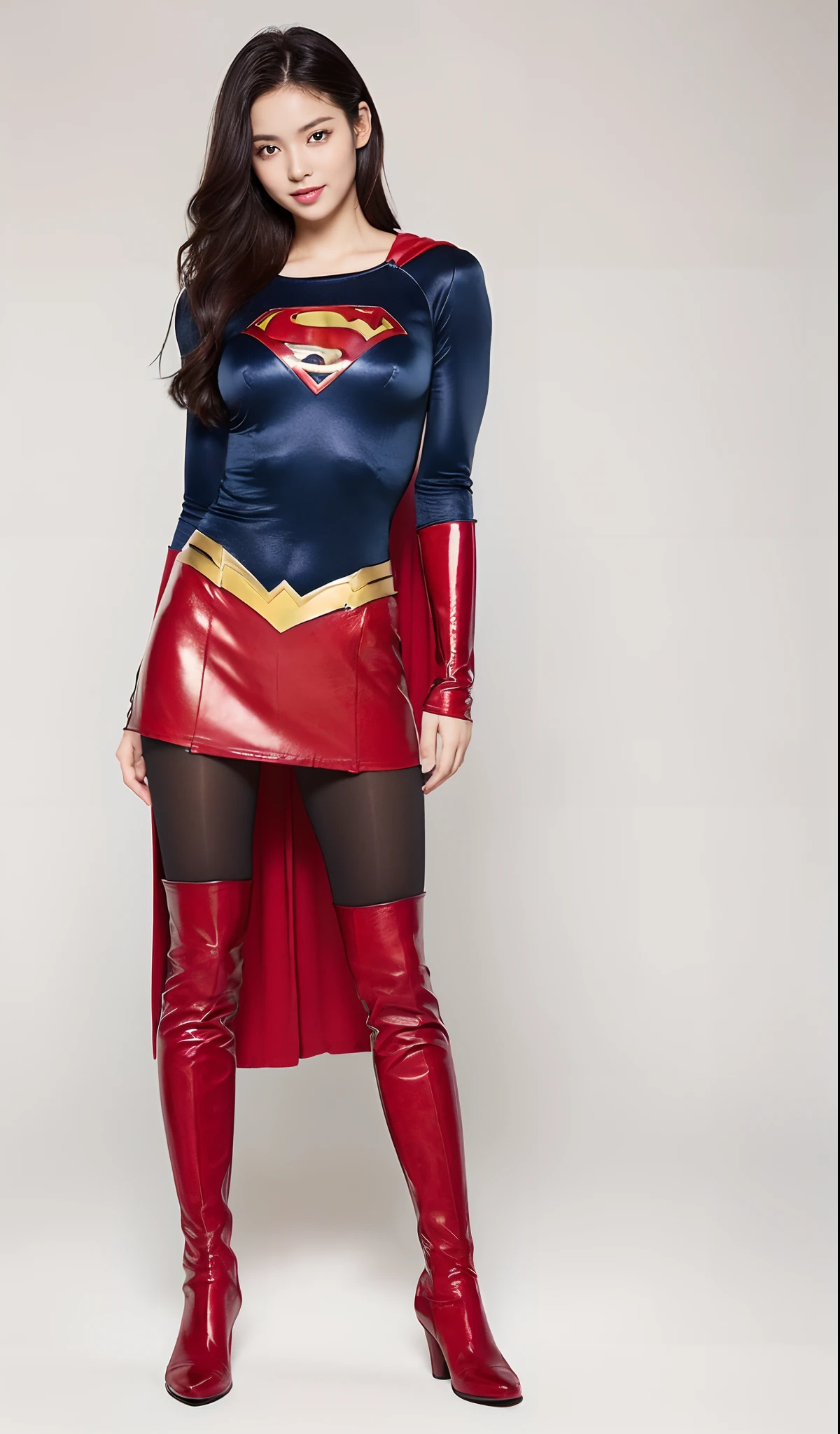 (((Wear black tights on your beautiful legs.)))、(((Grow legs、tall、beauty legs)))、(((facial expression of smile)))、((((Make the most of the original image)))、(((Supergirl Costume)))、(((beautiful hairl)))、(((Suffering)))、(((Feet must necessarily be worn with black tights)))、(((You need to wear red boots)))、((Top image quality、8K))、((top-quality、8K、​masterpiece:1.3))、(((Keep your background simple)))、Crisp focus:1.2、Beautiful woman with perfect body shape:1.4、Slender Abs:1.2、Highly detailed facial and skin texture、8K、Asian Beautiful Girl