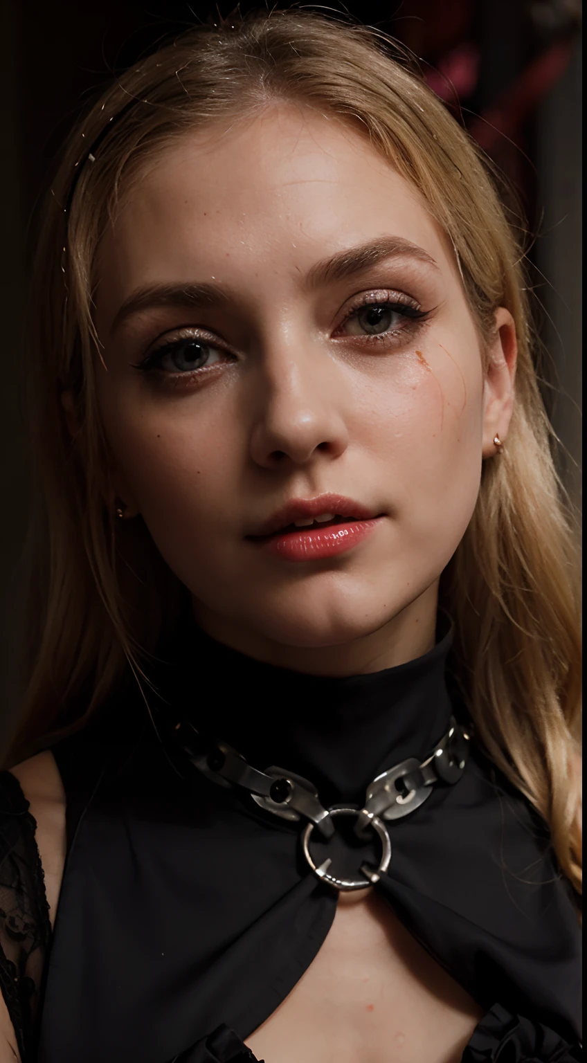 photo of a young girl, blonde, cute, beautiful, (((elegant clothes, cruel mistress, bdsm, blood, close up, blood on face)))