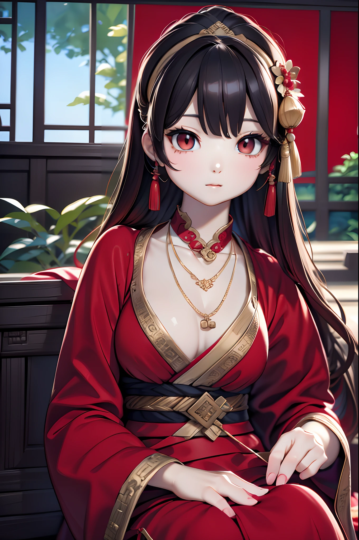 Close-up of a woman wearing a necklace in a red dress, Chinese style, Chinese girl, Beautiful character painting, Guviz-style artwork, Palace , A girl in Hanfu, Beautiful rendering of the Tang Dynasty, Realistic anime 3 D style, trending on cgstation, 8K high quality detailed art, Princesa chinesa antiga, Chinese woman, Guviz