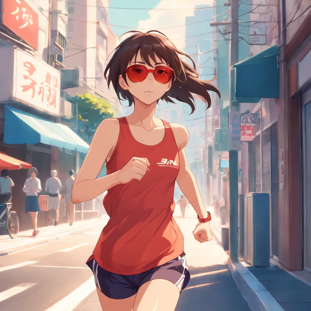 masutepiece, sophisticated details, Best Quality, 4K, 超A high resolution, High resolution, Ultra HD, runner, Female, jogger, walker, Morning jogging, Red Running Shoes, singlet, leggins, Sports Sunglasses, hair blowing in wind, Sweating