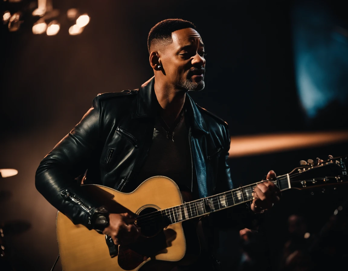 Imagine Fotografia do will smith tocando guitarra em um show de rock com jaqueta de couro, show de rock, cenario com bastante pessoas, rostos detalhados, plateia cheia