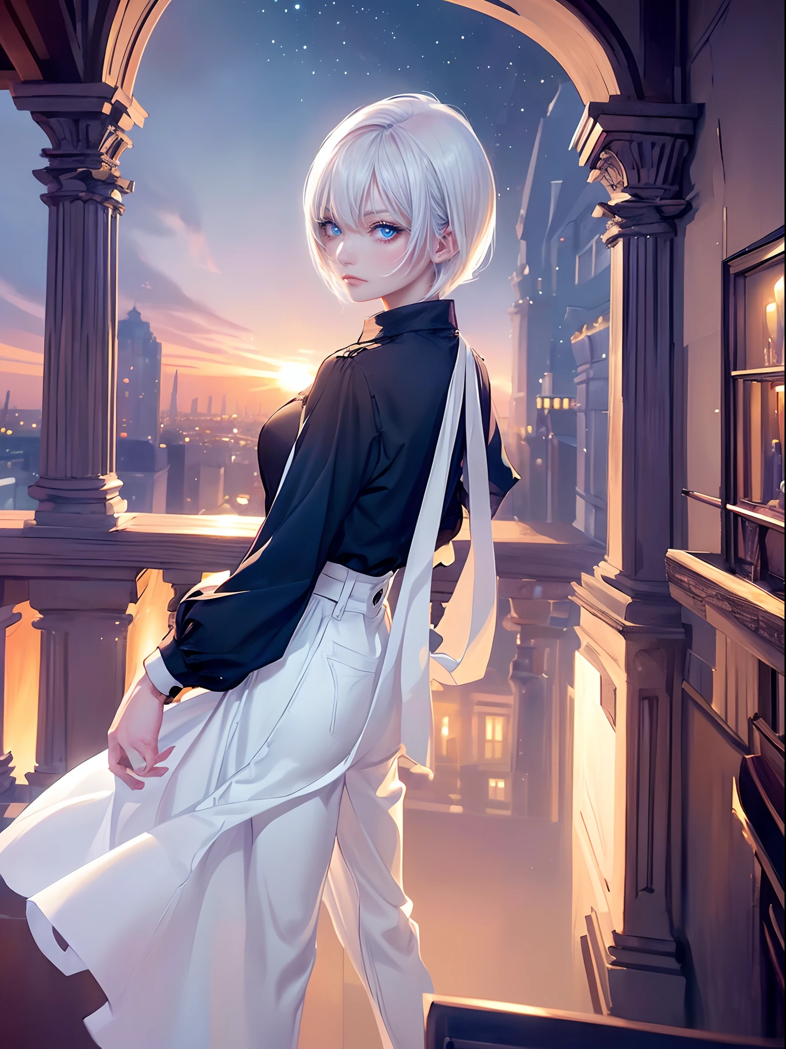 ((4K works))、​masterpiece、(top-quality)、One Beautiful Girl、Slim body、tall、((Black Y-shirt and white pants、Charming street style))、(Detailed beautiful eyes)、Stylish English balcony、Castles inhabited by nobles、Black shop window、Balcony at night、((Starry sky in the background))、((Stylish cityscape))、((Shot on a stylish veranda))、mid night、((Face similar to Carly Rae Jepsen))、((Short-haired white hair))、((Smaller face))、((Neutral face))、((Bright blue eyes))、((American adult women))、((Adult female 26 years old))、((cool lady))、((Like a celebrity))、((Wild look))、((Korean Makeup))、((elongated and sharp eyes))、((Happy dating))、((boyish))、((Upper body photography))、Professional Photos、((Shot alone))、((shot from back))、((Shot in close proximity to her))、((Focus zoom in))、((She is watching the sunset))、((She standing on the balcony))