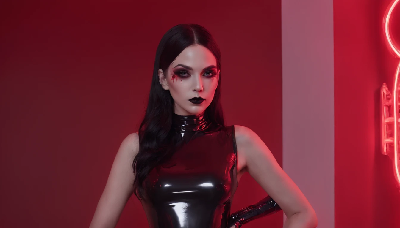 Beautiful woman dressed in latex leotard posing for a photo in red room, red neon lights, darksynth aesthetic, gothic fashion, goth girl, goth aesthetic, goth make-up, ultra detailed.