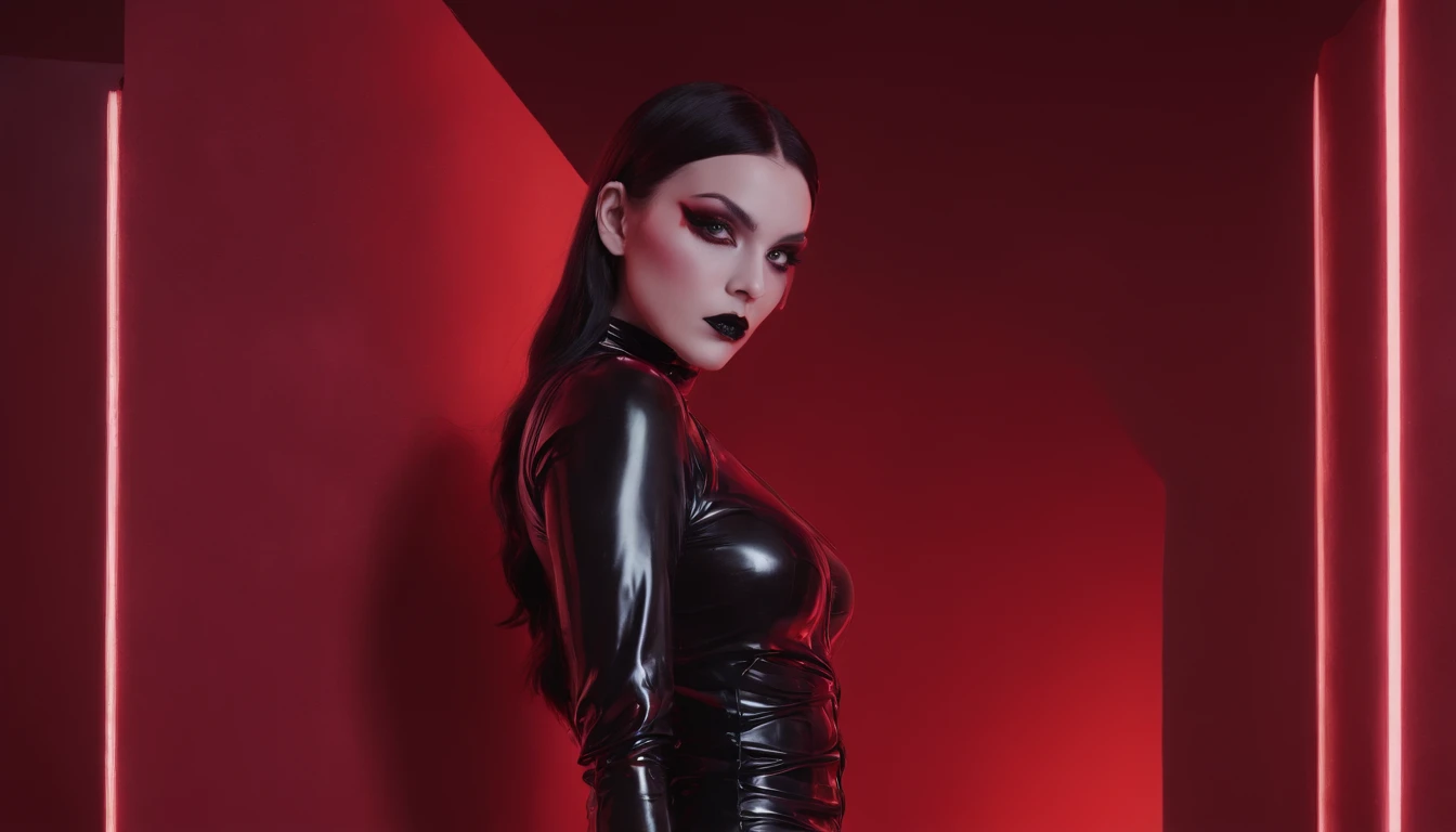 Beautiful woman dressed in latex leotard posing for a photo in red room, red neon lights, darksynth aesthetic, gothic fashion, goth girl, goth aesthetic, goth make-up, ultra detailed.
