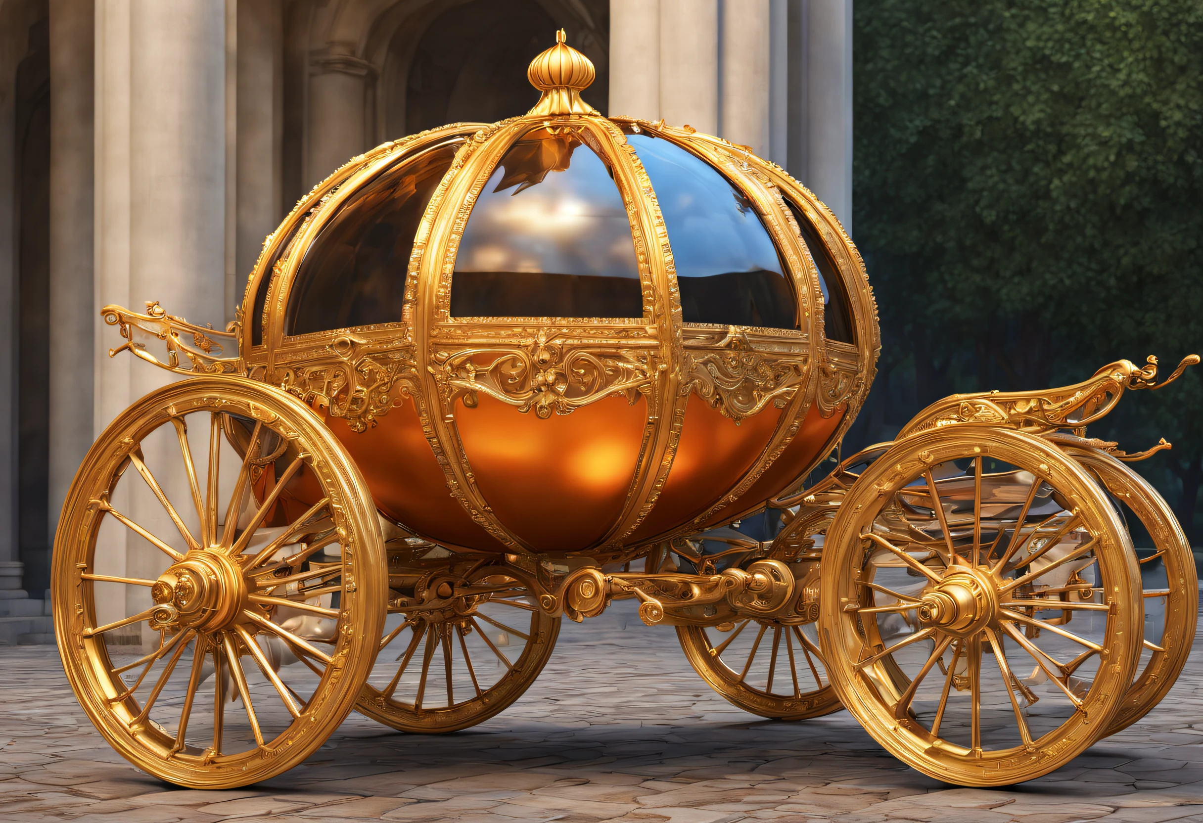 (best quality, 4k, 8k, high resolution, masterpiece: 1.2), ultra detailed, (realistic, photorealistic, photorealistic: 1.37), Cinderella's spectacular magic carriage, shaped like a pumpkin, made of gold glass, cinematic lighting, large camera with format photography. , photo realism, DSLR, 8k uhd, hdr, ultra detailed, high quality, high contrast