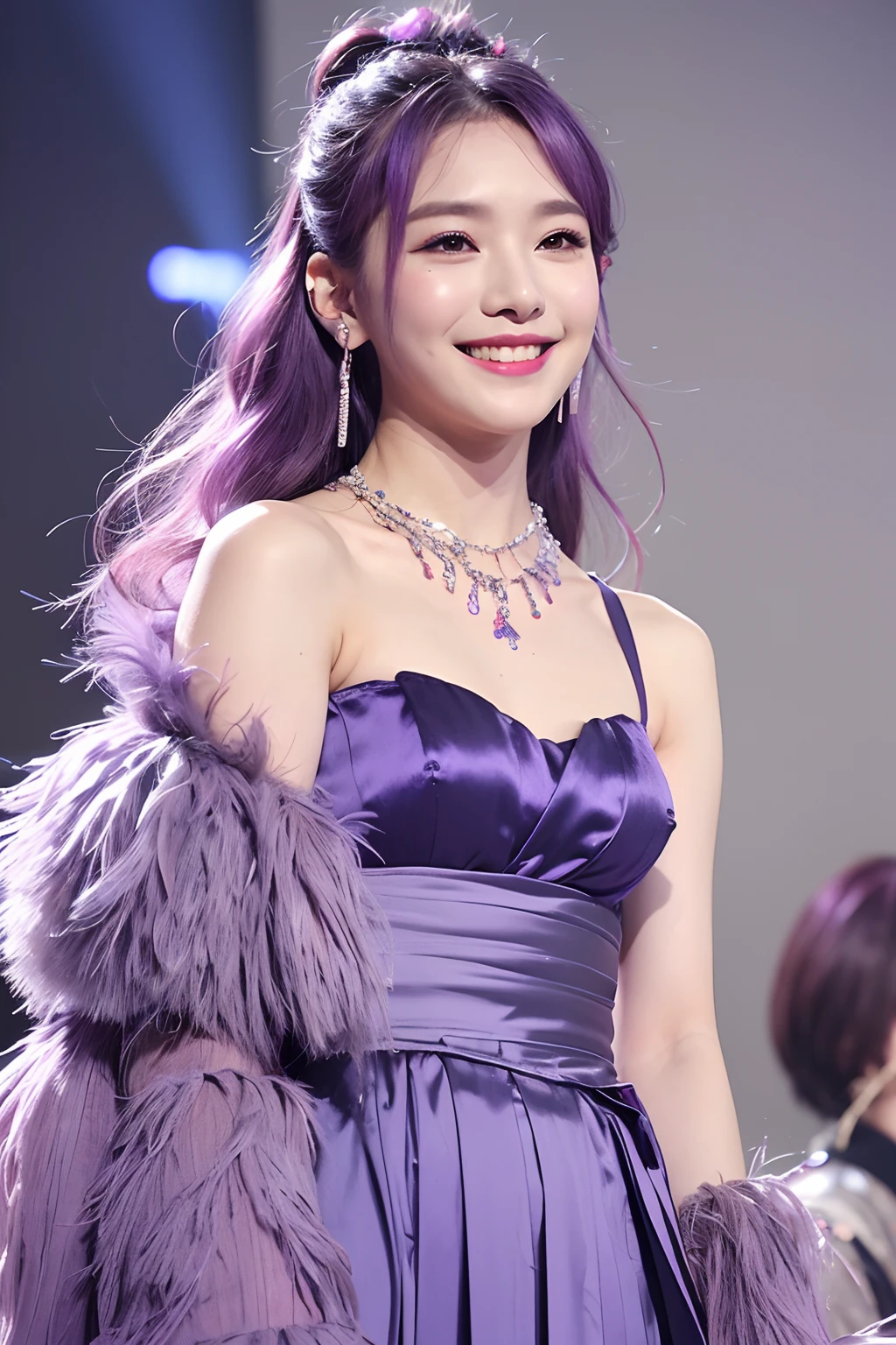 (extra detailed body、extra detailed face、best qualtiy:1.2)、femele、looking at the viewers、(Lavender ash hair color、a smile、Earrings of bird feathers up to the shoulders、a necklace、Purple and red and blue fancy clothes)、(Live performance venue)
