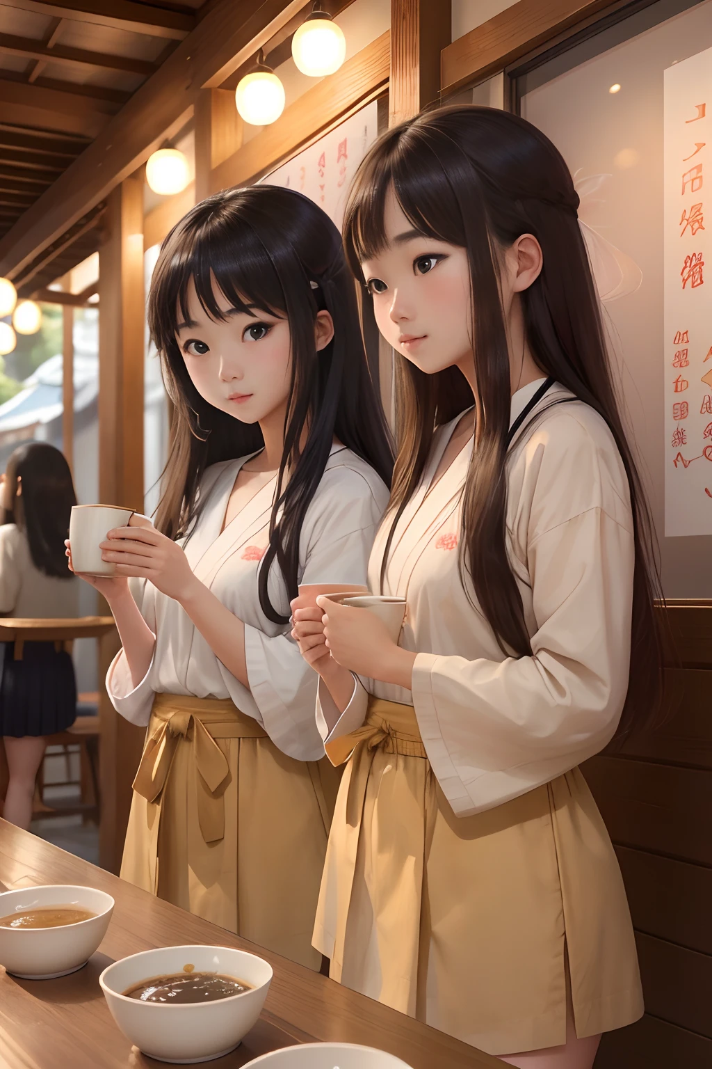 Beautiful。 (Masterpiece:1.2)。(Best Quality:1.2)。Perfect face。(twogirls:1.5)。Japanese high school  girl。One has long hair。The other is shorthaired。Eating soba at a standing soba stall in a wooden walkway。Less lighting。Fantastic atmosphere。