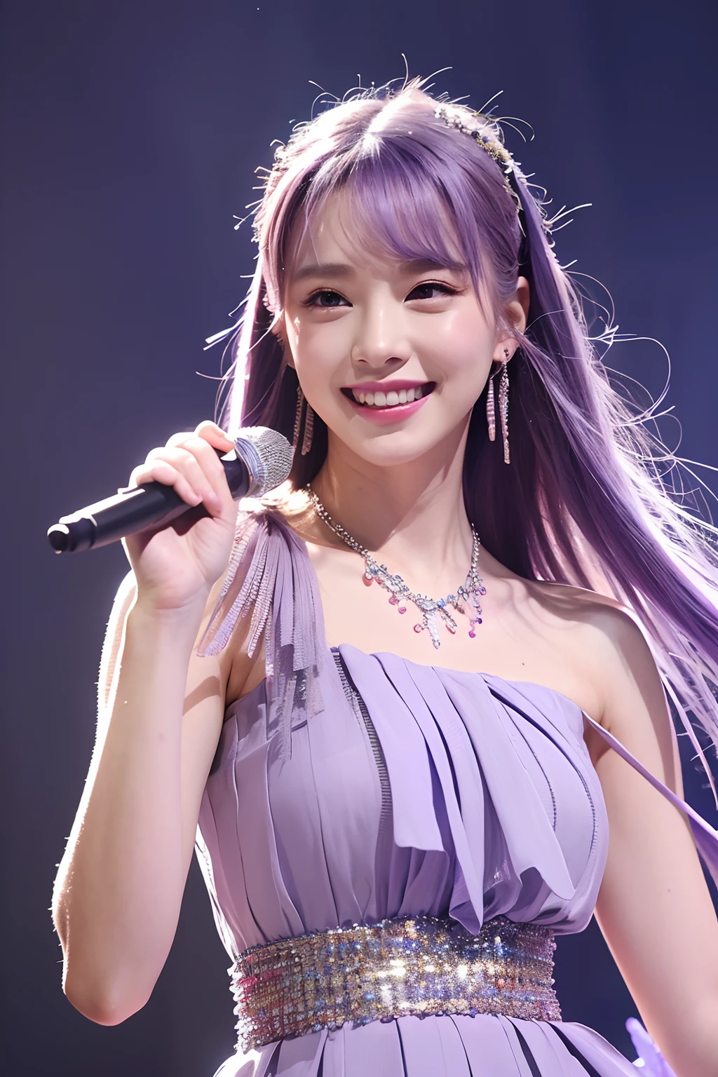 (extra detailed body、extra detailed face、best qualtiy:1.2)、femele、looking at the viewers、(Lavender ash hair color、a smile、Earrings of bird feathers up to the shoulders、a necklace、Purple and red and blue fancy clothes)、(Live performance venue)