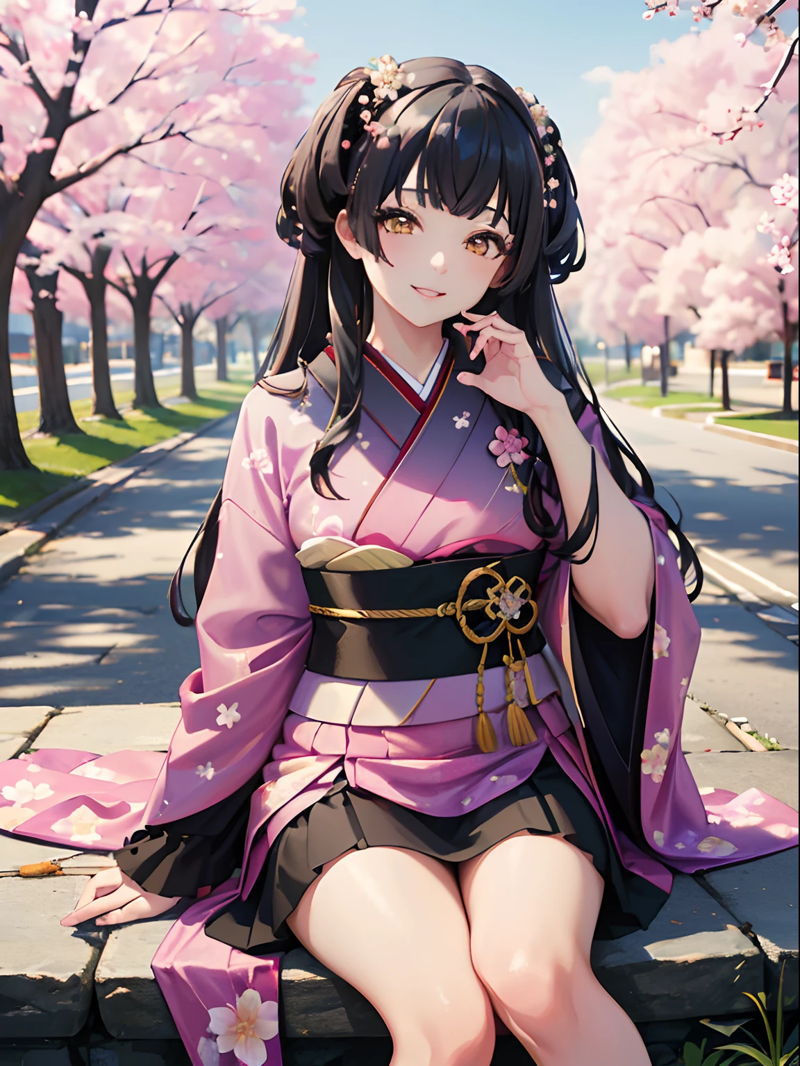 masterpiece, best quality, NSFW, 1girl, black hair, ,yellow eyes, kimono, cherry blossom trees, park background, smiling, detailed eyes, detailed facial features, realistic and high resolution (best quality, 4k, 8k, highres, masterpiece:1.2)