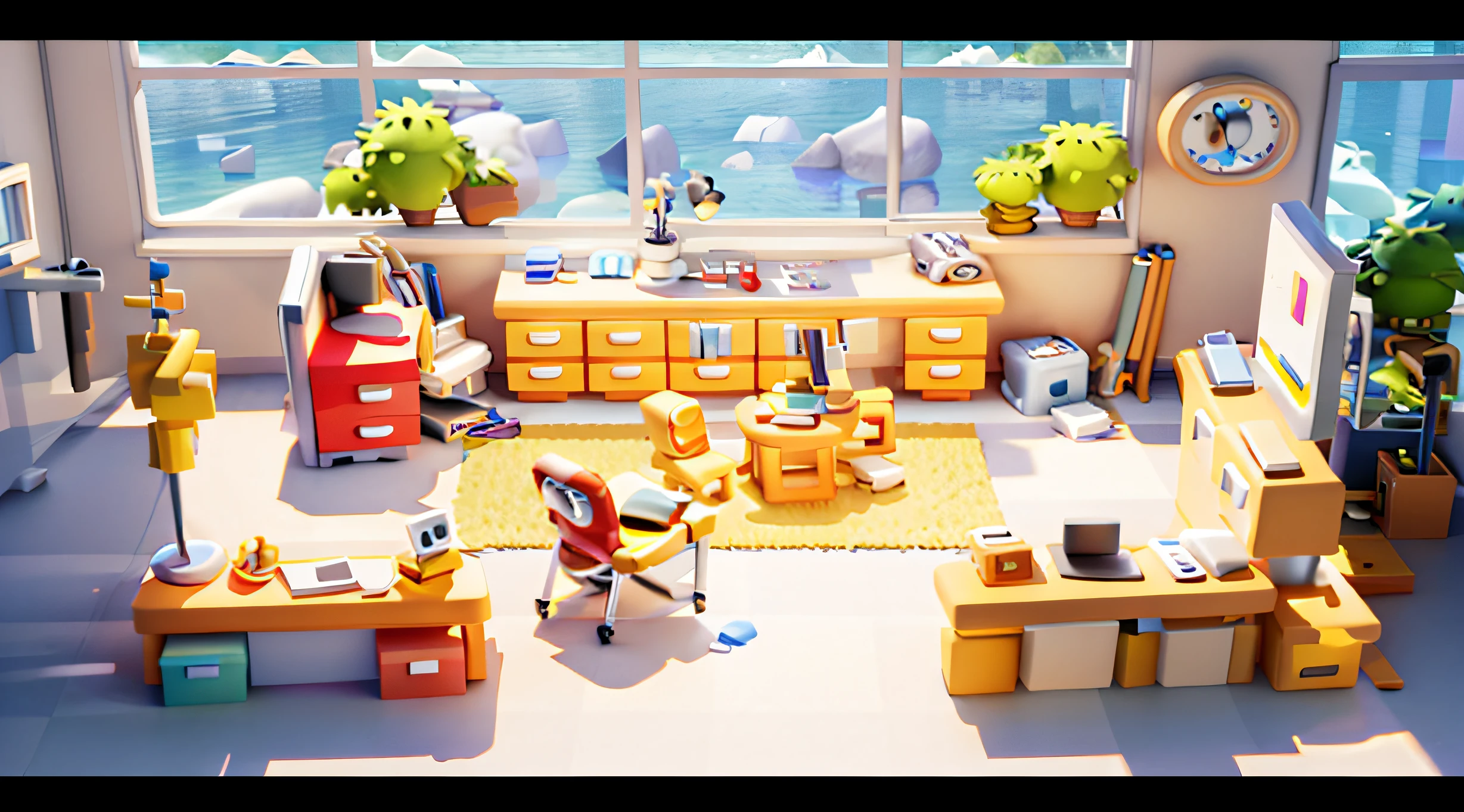 tmasterpiece,Best quality at best,k hd,Cartoony,3D,pixar-style,Micro office,Desk by the window,Computer on desk,Boss chair,Staff desks,Employee office card slot,The seating area comes with a sofa,8K,